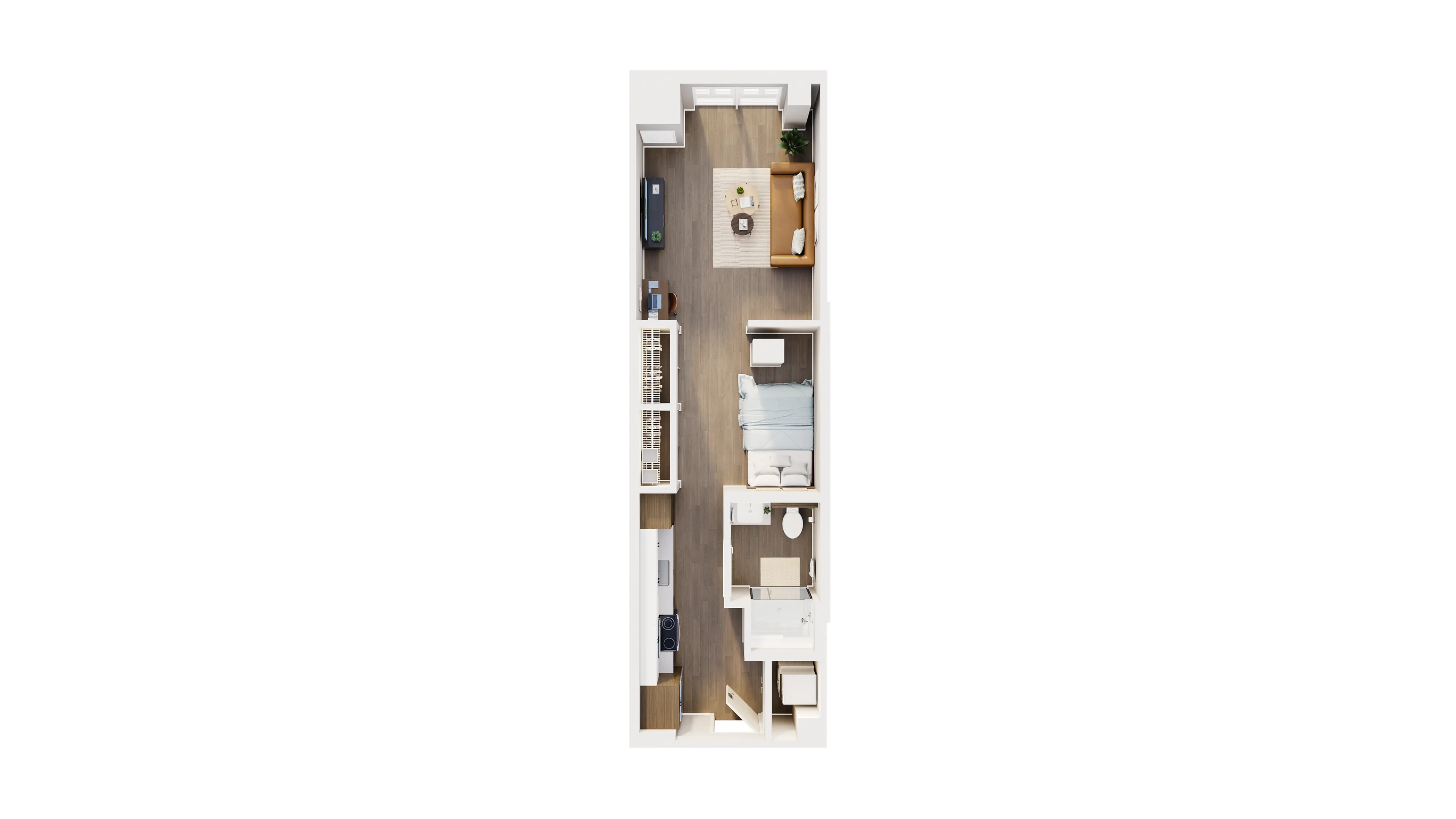 Modern 3D floor plan of a sleek studio apartment featuring a cozy bedroom, stylish bathroom, efficient kitchen, and airy living area with elegant flooring.