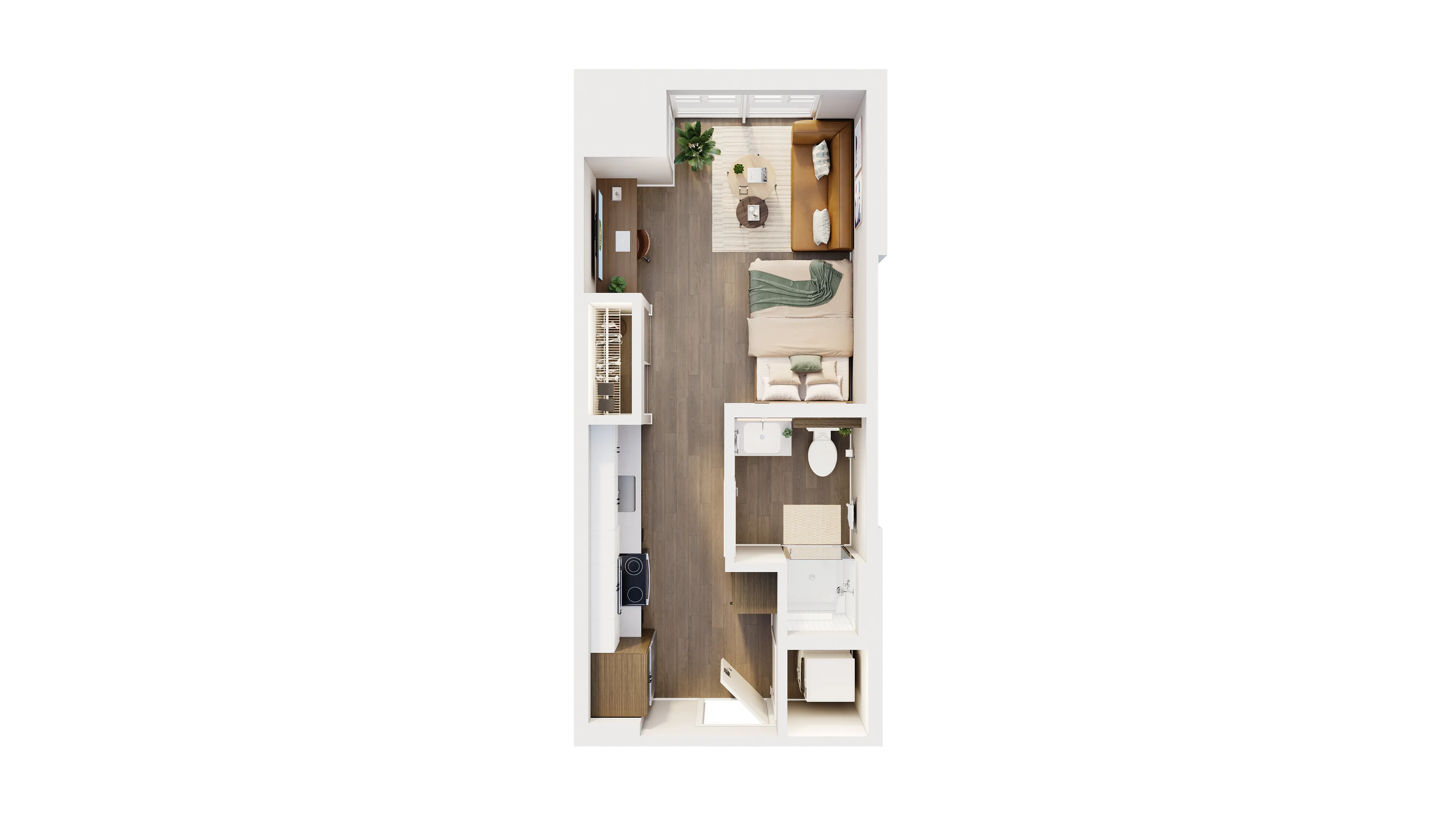 Modern studio apartment floor plan with open-concept design, featuring a cozy living area, sleek kitchen, comfortable bedroom, and a compact bathroom.