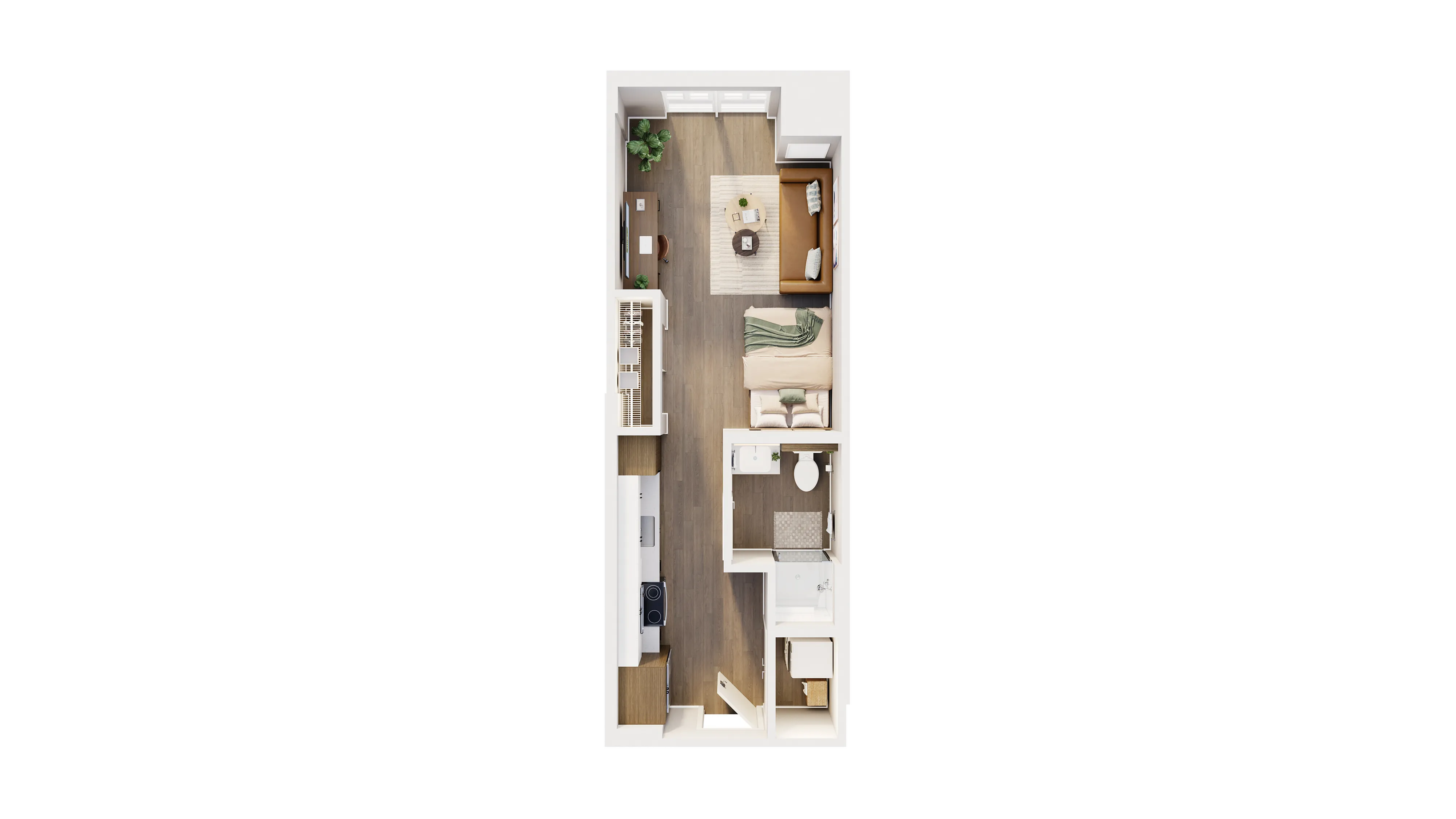 Contemporary apartment floor plan showcasing a cozy bedroom, modern kitchen, sleek bathroom, and inviting living area with stylish decor.