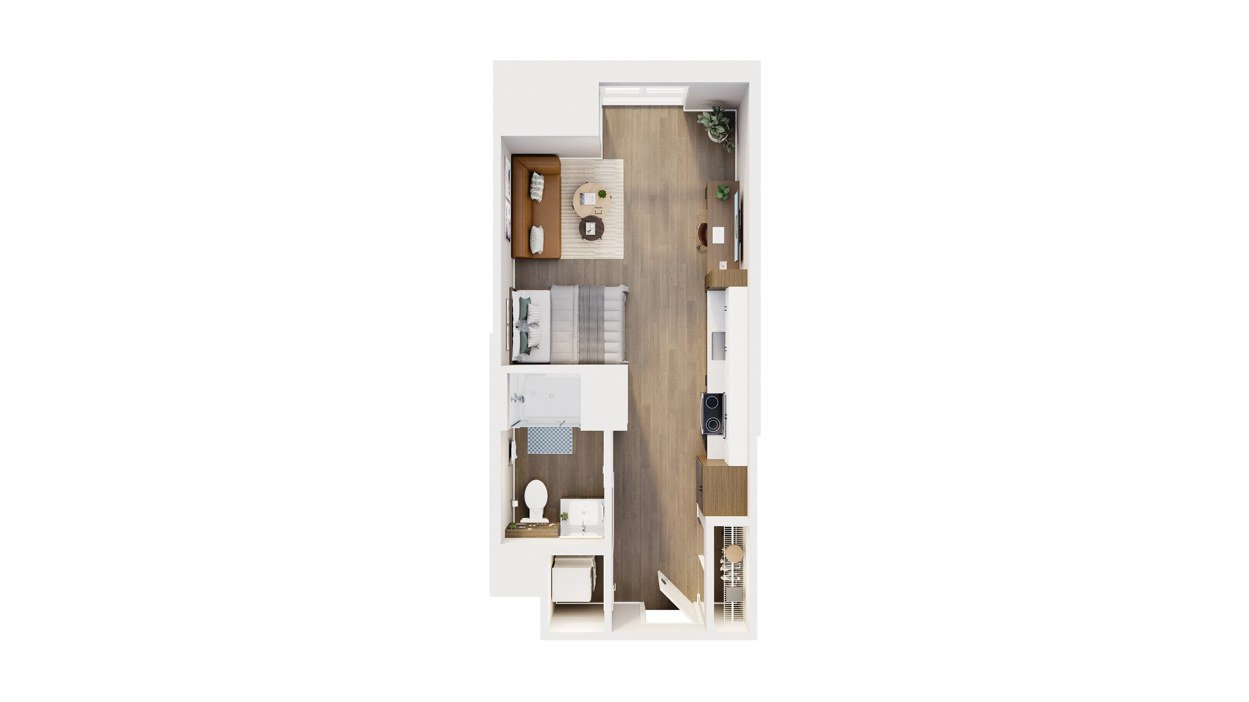 Modern floor plan featuring a cozy studio apartment with a spacious open-concept living area, stylish kitchen, and elegant bathroom.