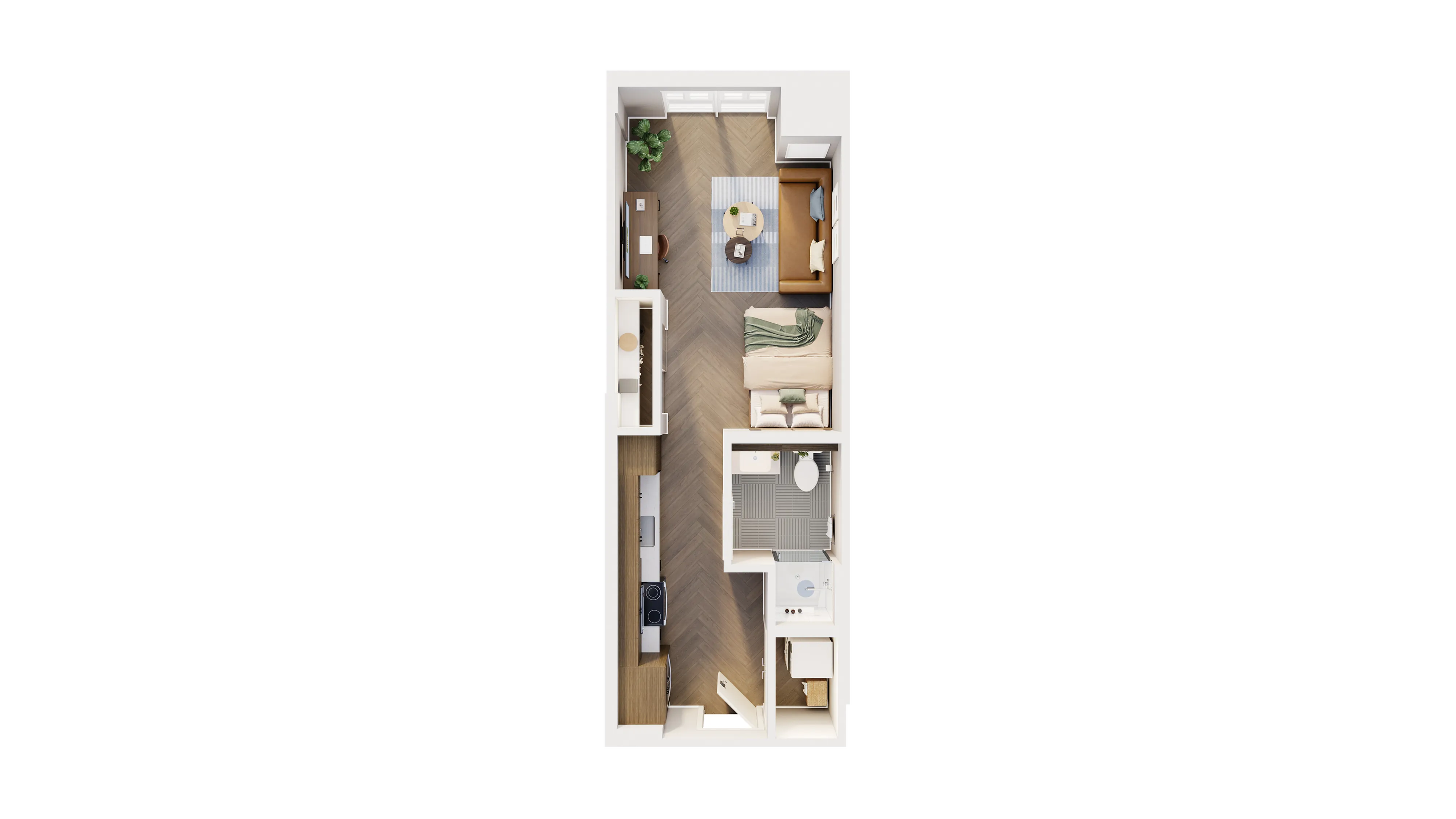 Modern 3D floor plan showcasing a spacious open-concept layout with living area, stylish kitchen, cozy bedroom, and elegant bathroom.