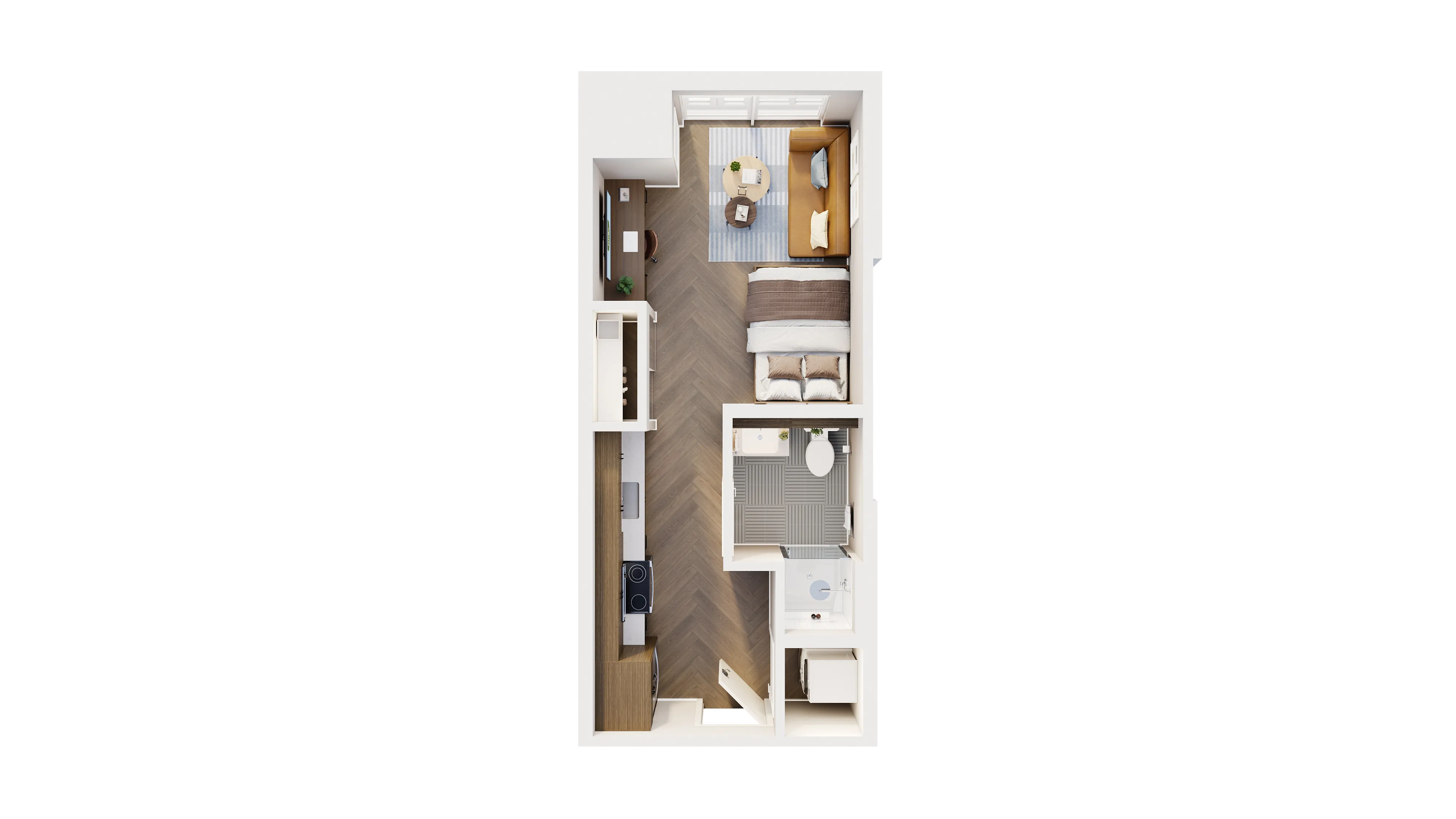 Modern 3D floor plan showcasing a cozy studio layout with a combined living and bedroom space, compact kitchen, and elegant bathroom.