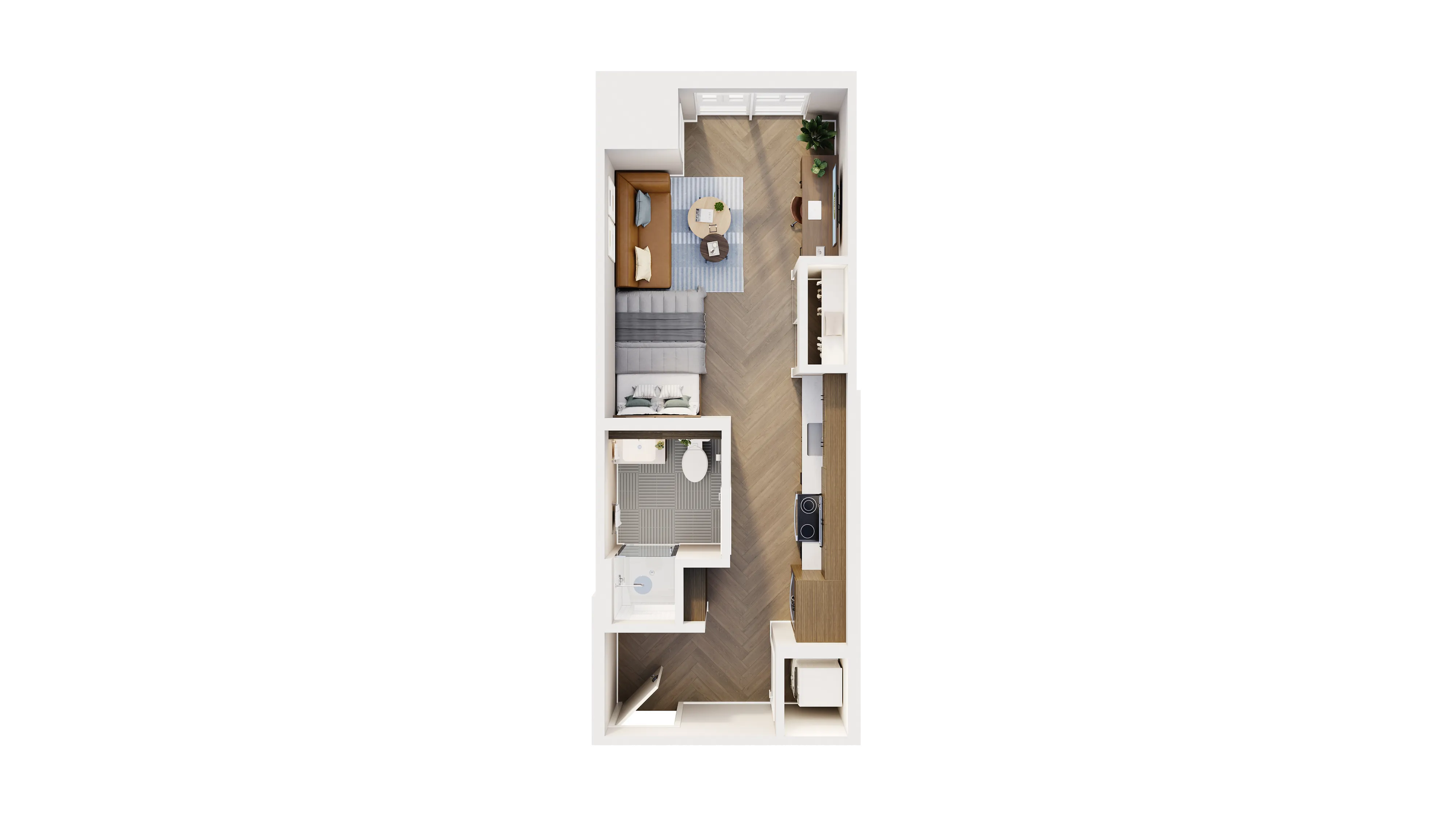 Modern open-concept floor plan featuring a cozy living area, stylish kitchen, and spa-inspired bathroom.