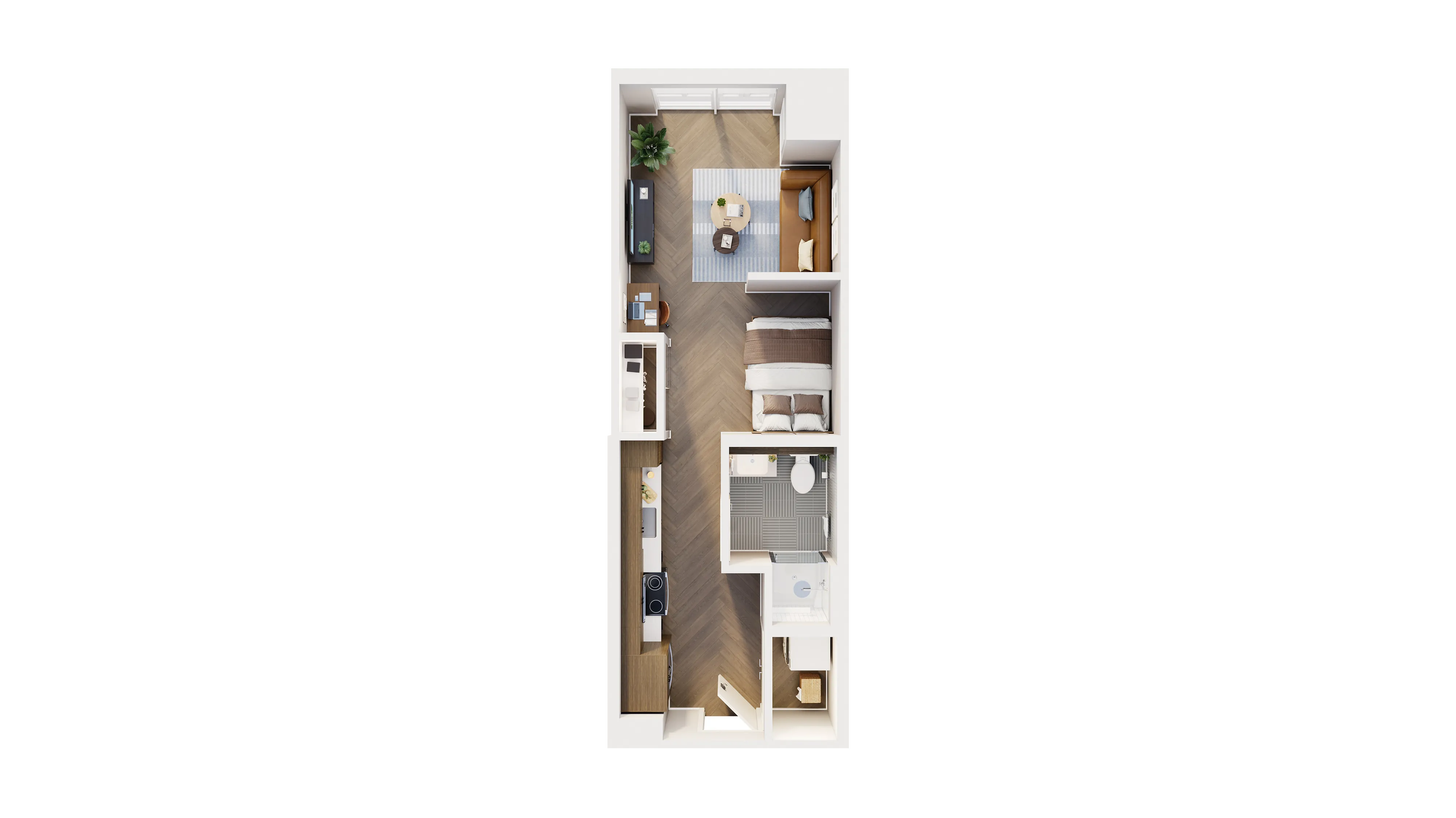 Modern apartment floor plan showcasing an inviting open-concept living space, cozy bedroom, sleek kitchen, and a stylish bathroom.