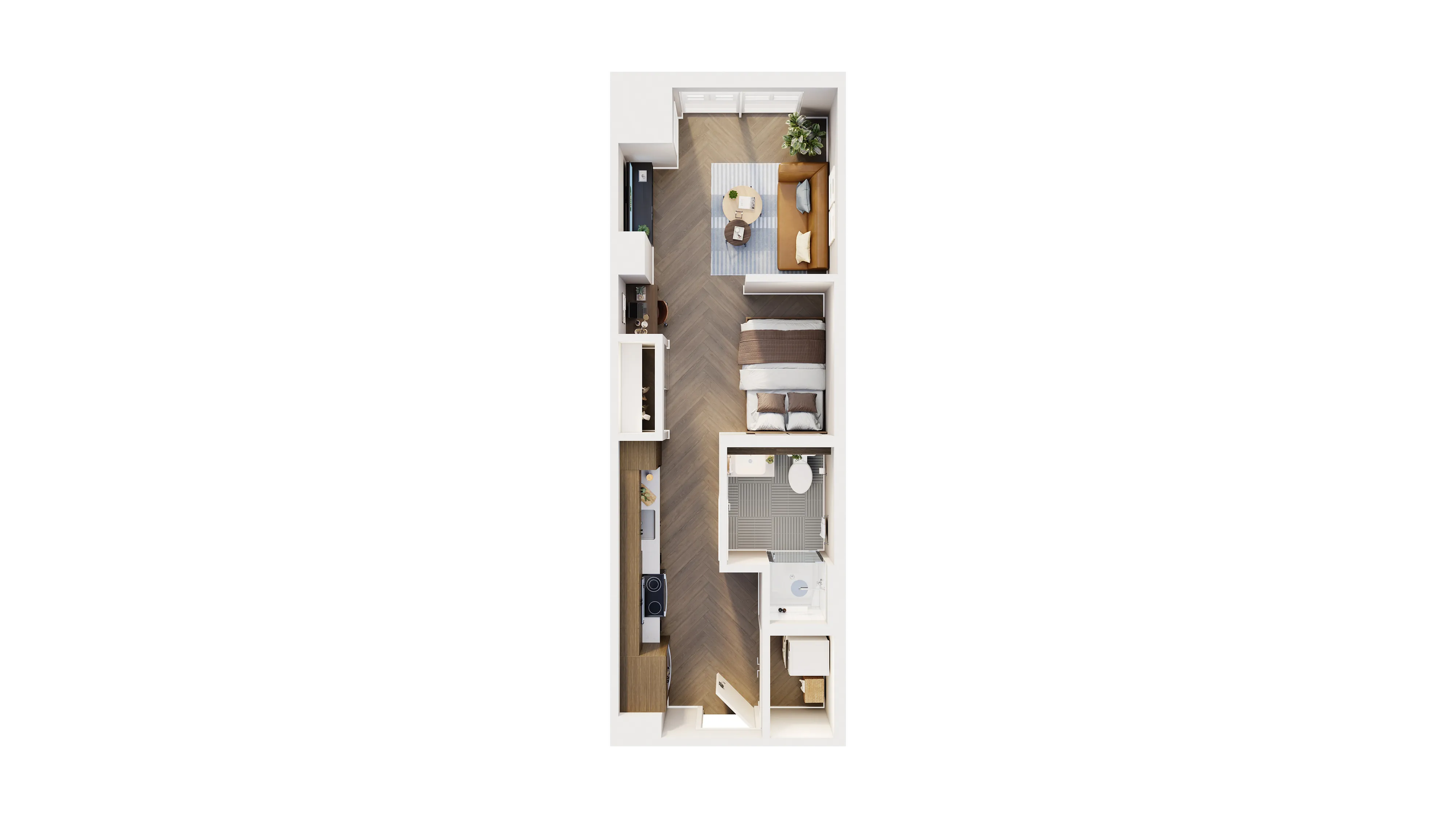 Modern 3D floor plan showcasing a cozy one-bedroom apartment with an open-concept living area, stylish bathroom, and sleek kitchen.