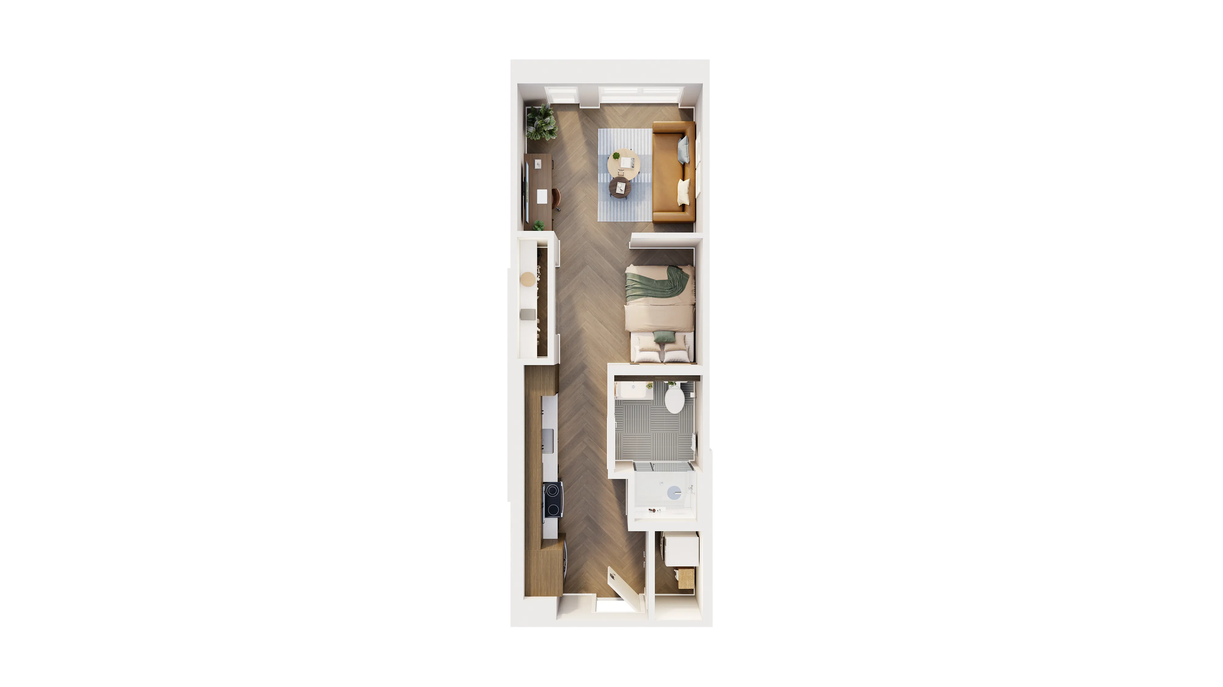 Chic 3D floor plan showcasing a stylish single-bedroom apartment, open living area, modern kitchen, and sleek bathroom with a compact design.