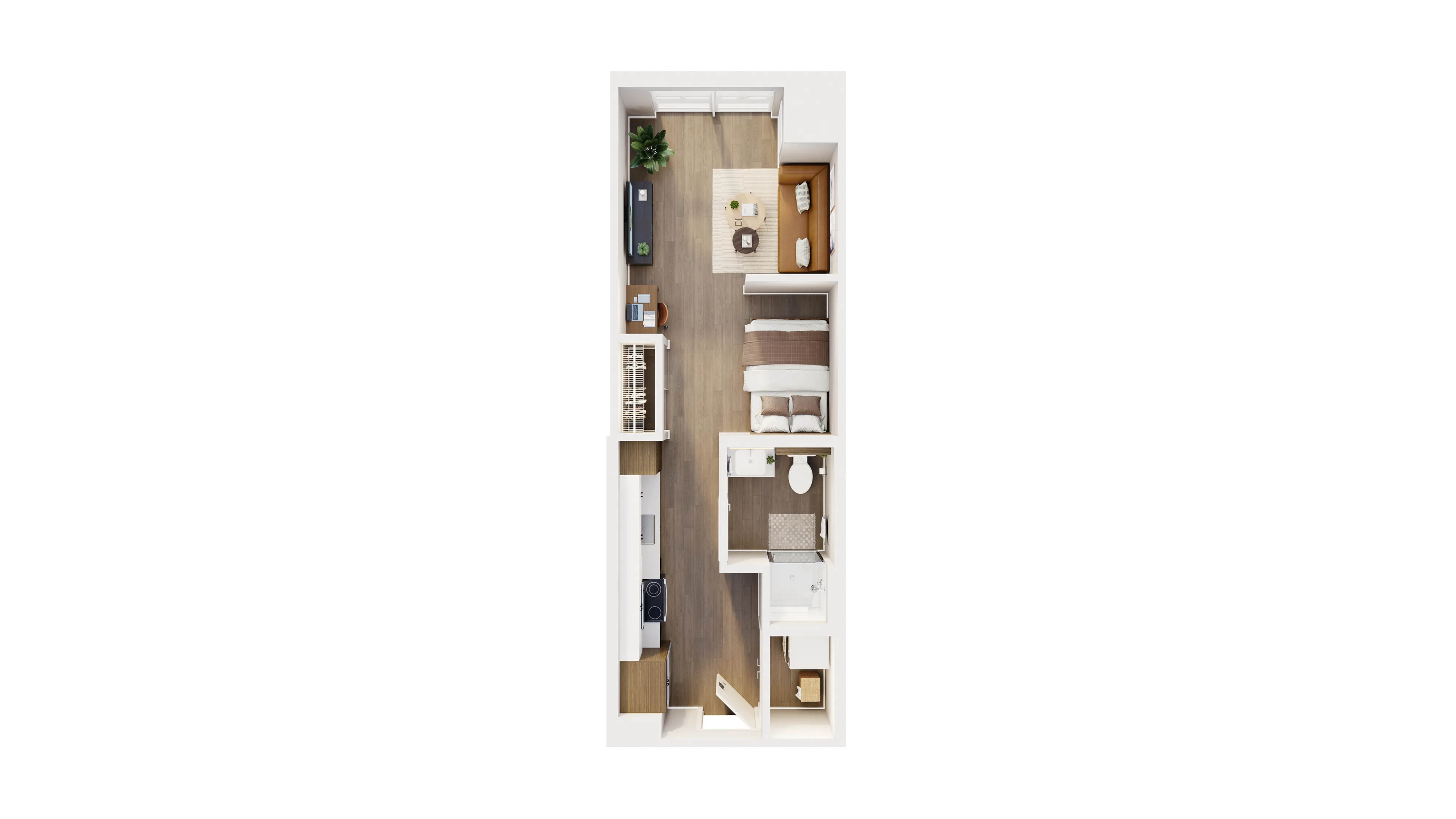 Contemporary 3D floor plan showcasing a sleek one-bedroom apartment with a cozy living area, modern kitchen, and elegant bathroom.
