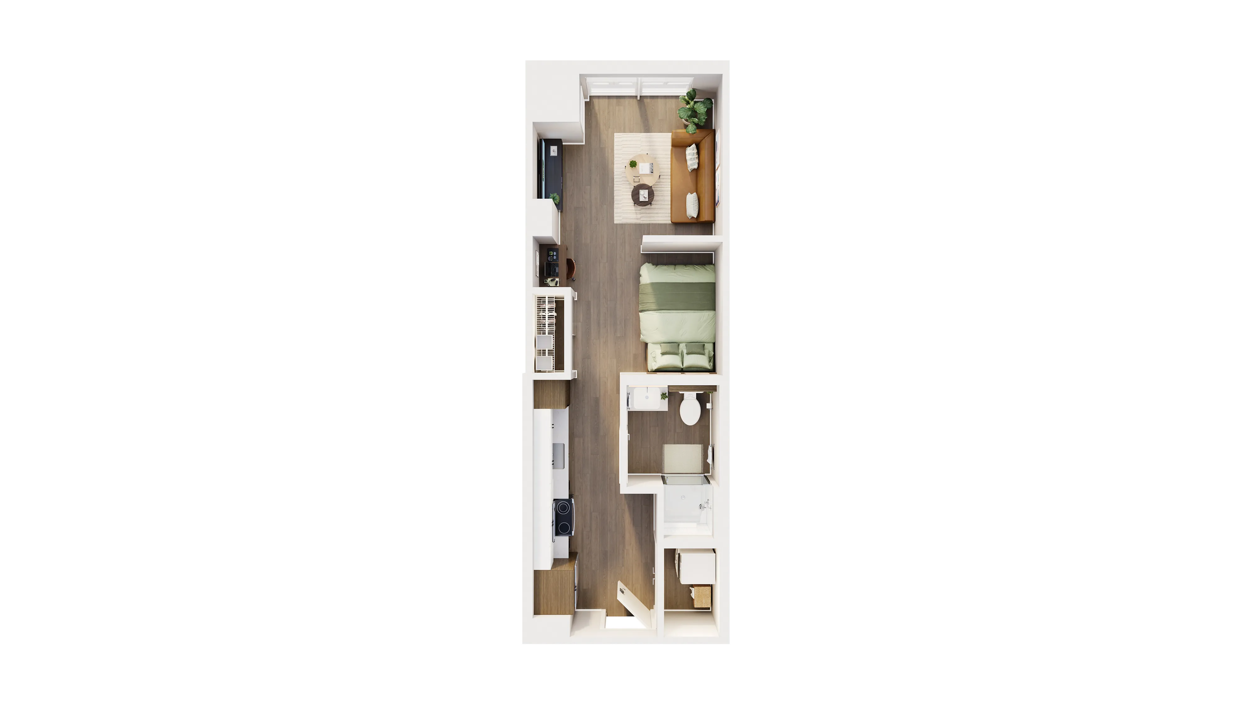 Chic apartment floor plan showcasing an open-concept living area, cozy bedroom, and modern kitchen with elegant finishes.