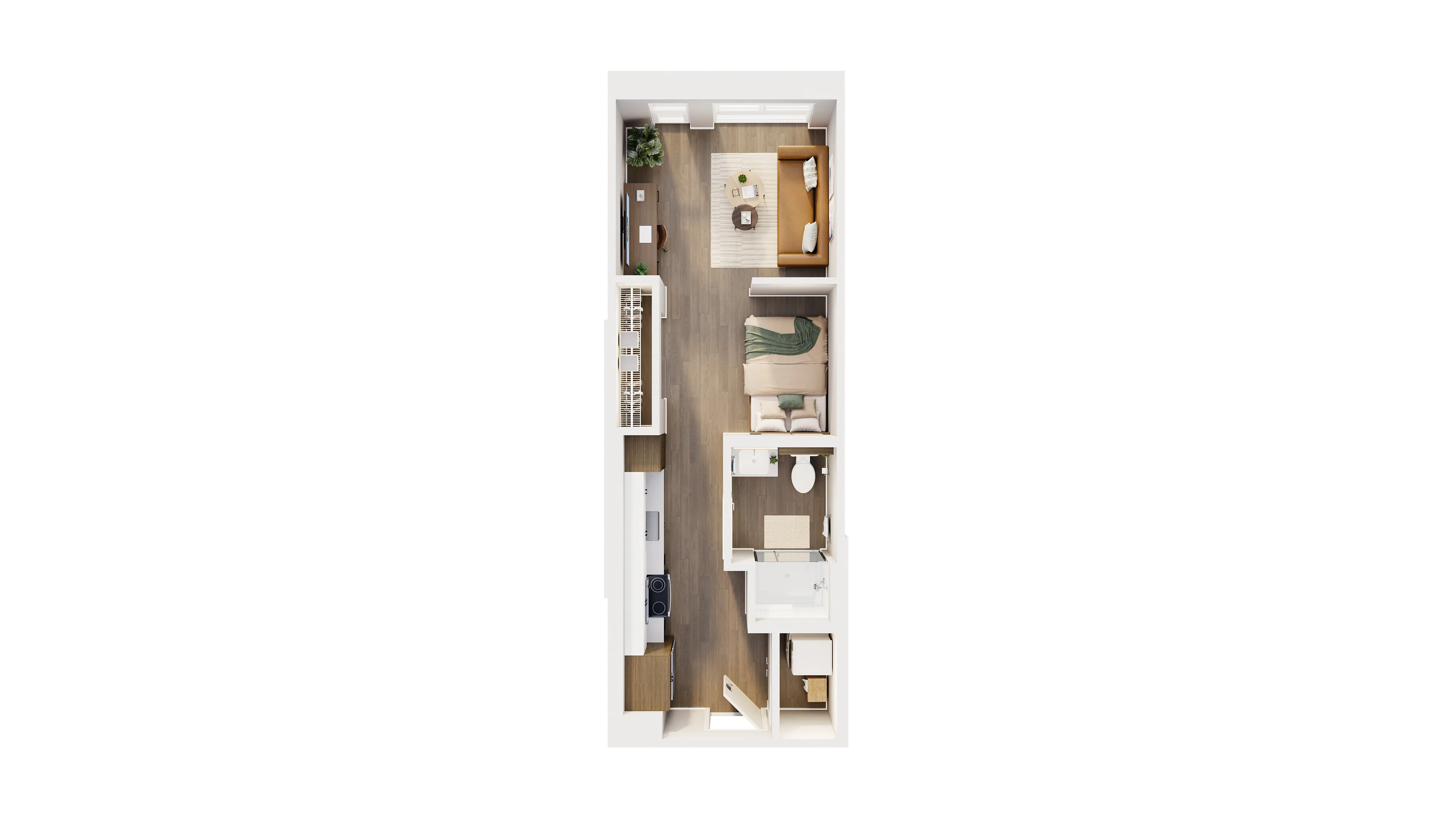 Modern apartment floor plan with open-concept living room, cozy bedroom, sleek kitchen, and spacious bathroom, featuring stylish wood flooring and contemporary decor.