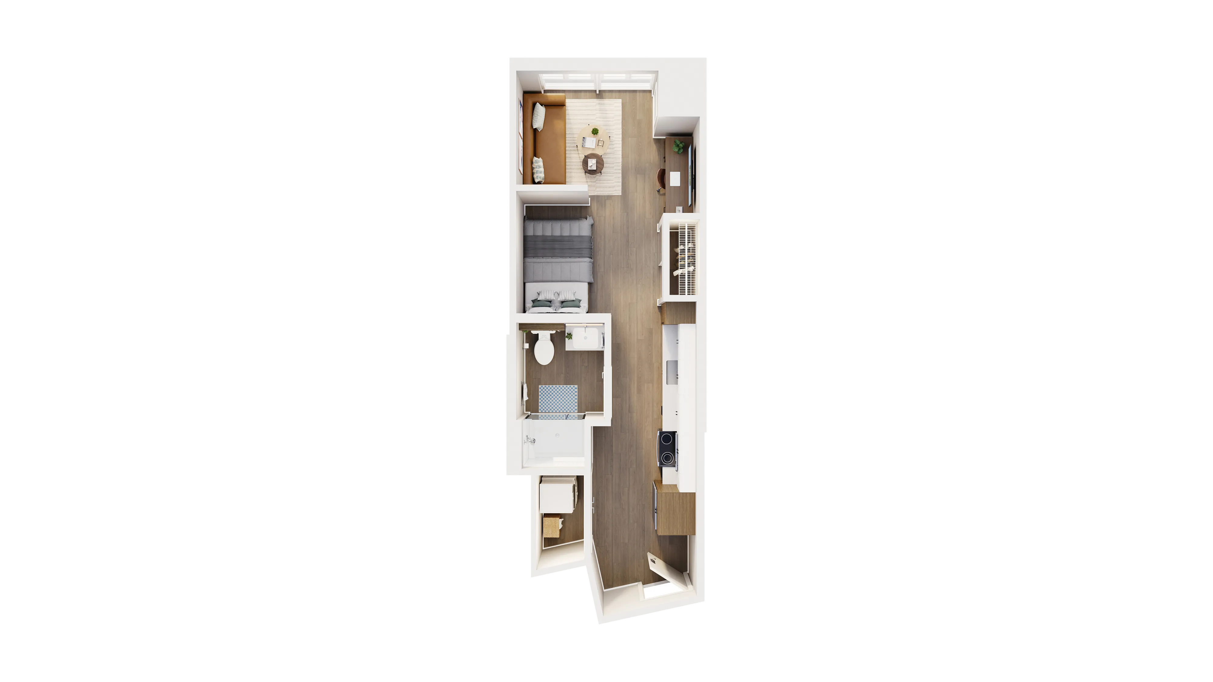 Contemporary floor plan showcasing a cozy one-bedroom apartment with an open living area, modern kitchen, and sleek bathroom, inviting natural light.