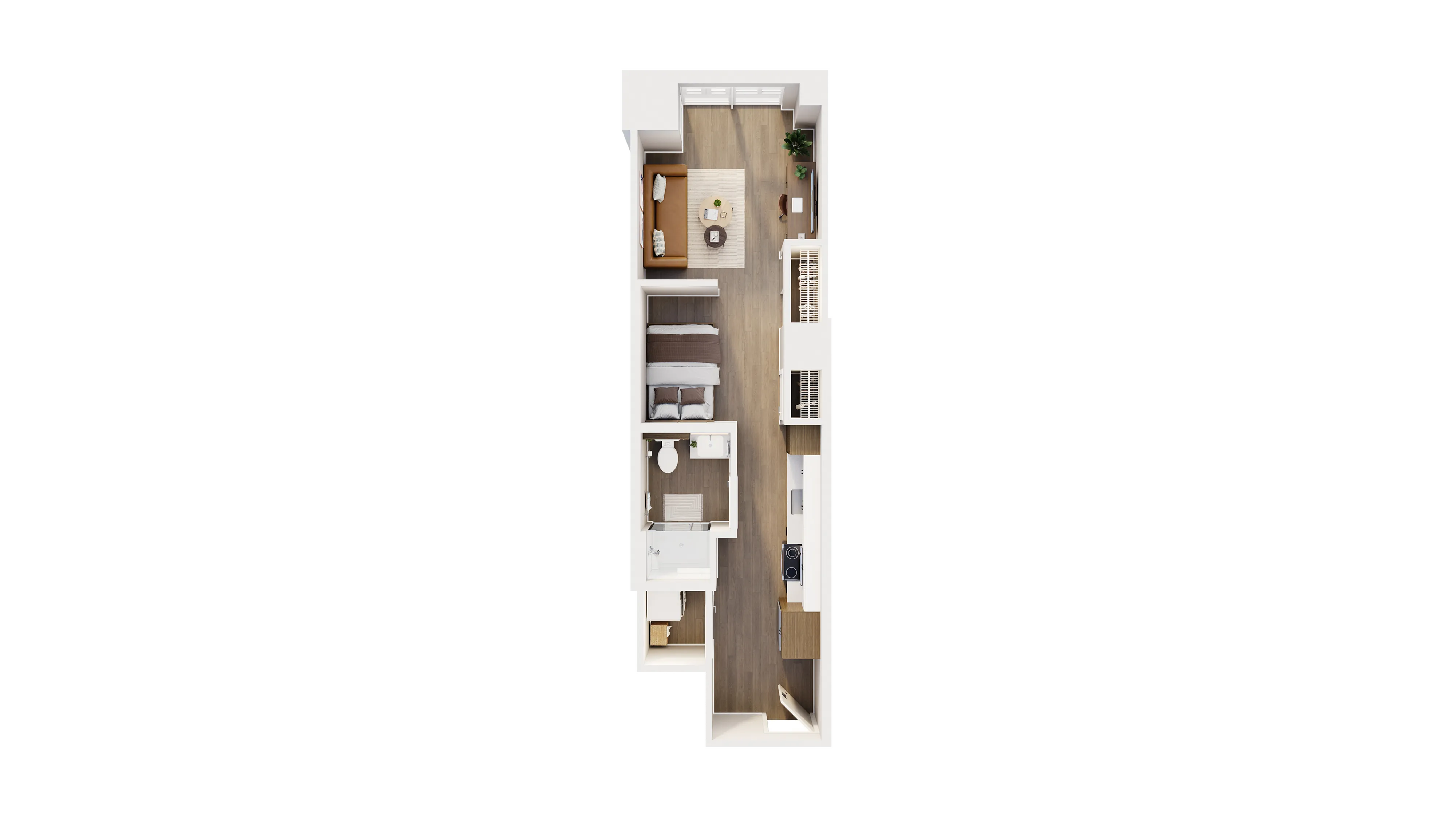 Chic, elongated floor plan with one cozy bedroom, modern kitchen, stylish bathroom, and open living space perfect for relaxation.