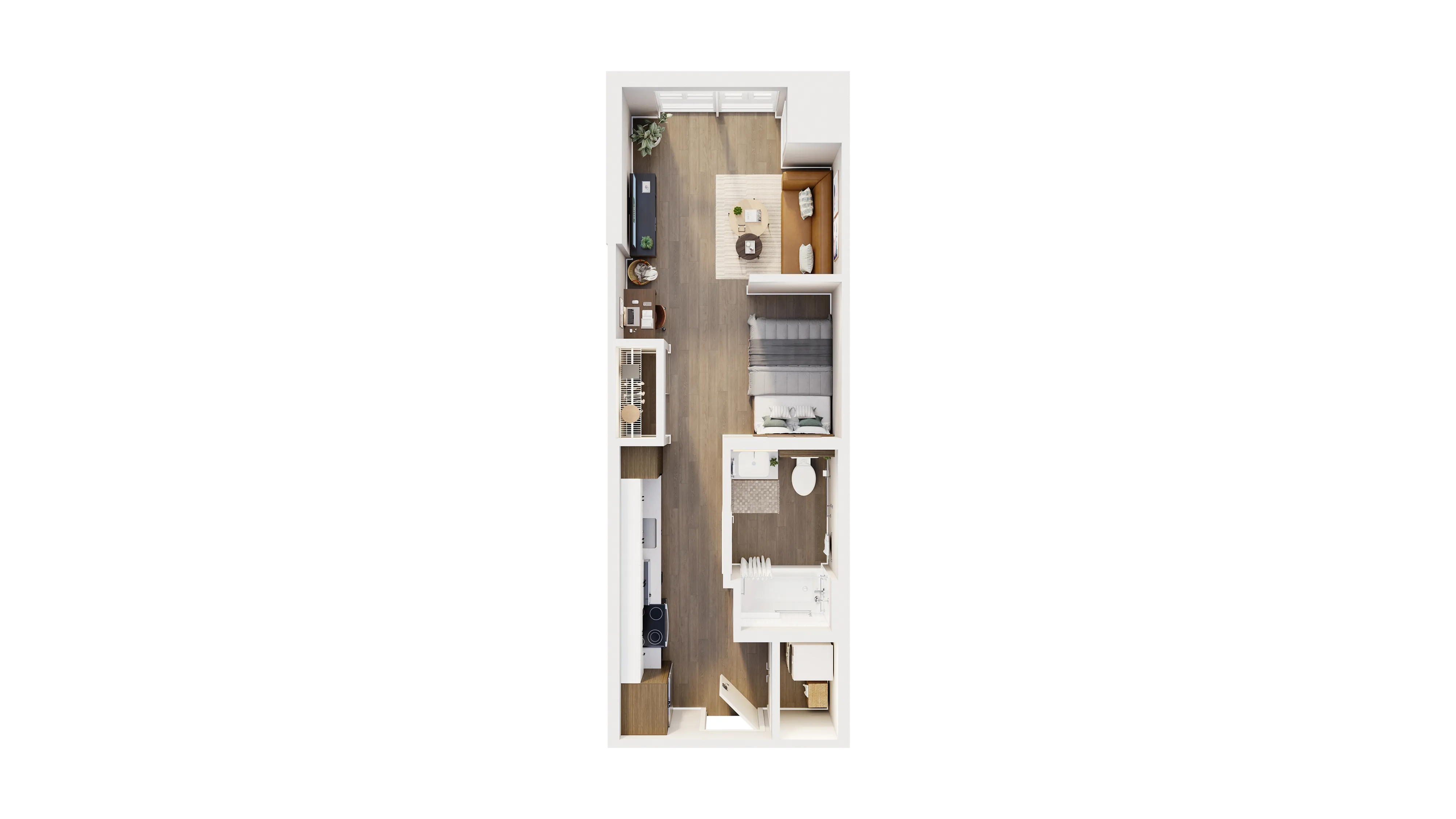 Elegant 3D floor plan showcasing a modern layout with 1 bedroom, a cozy living area, and a compact kitchen.