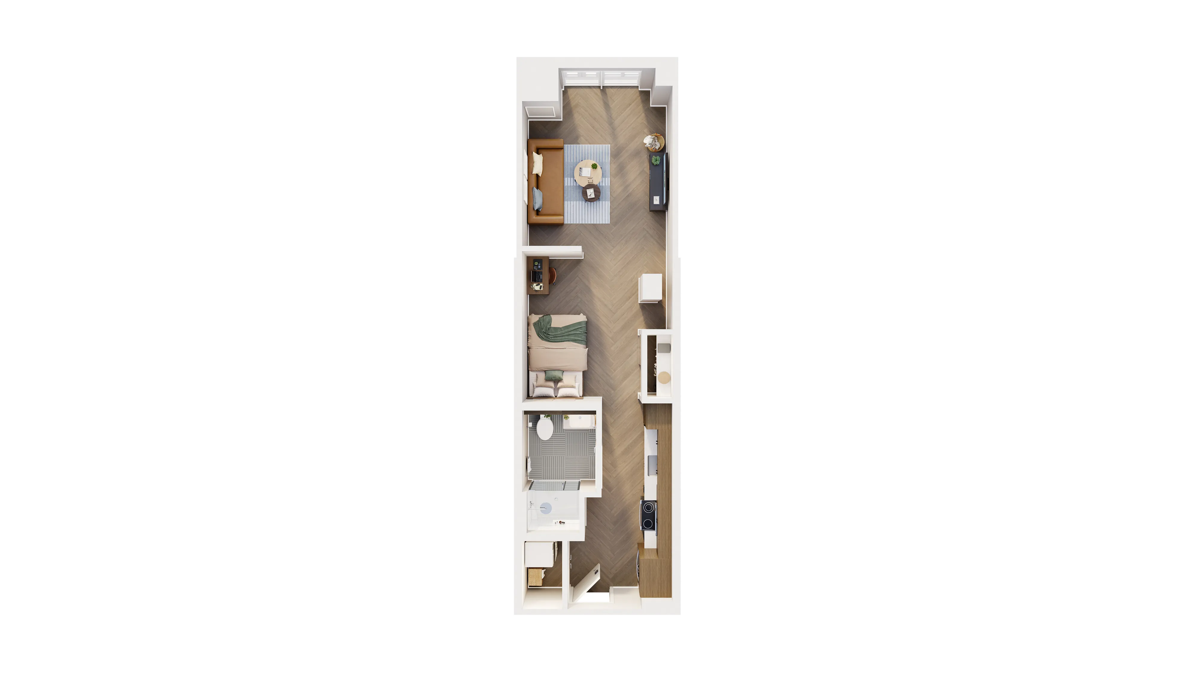 Modern 3D floor plan showcasing a cozy one-bedroom apartment with open living area, sleek kitchen, and elegant bathroom.