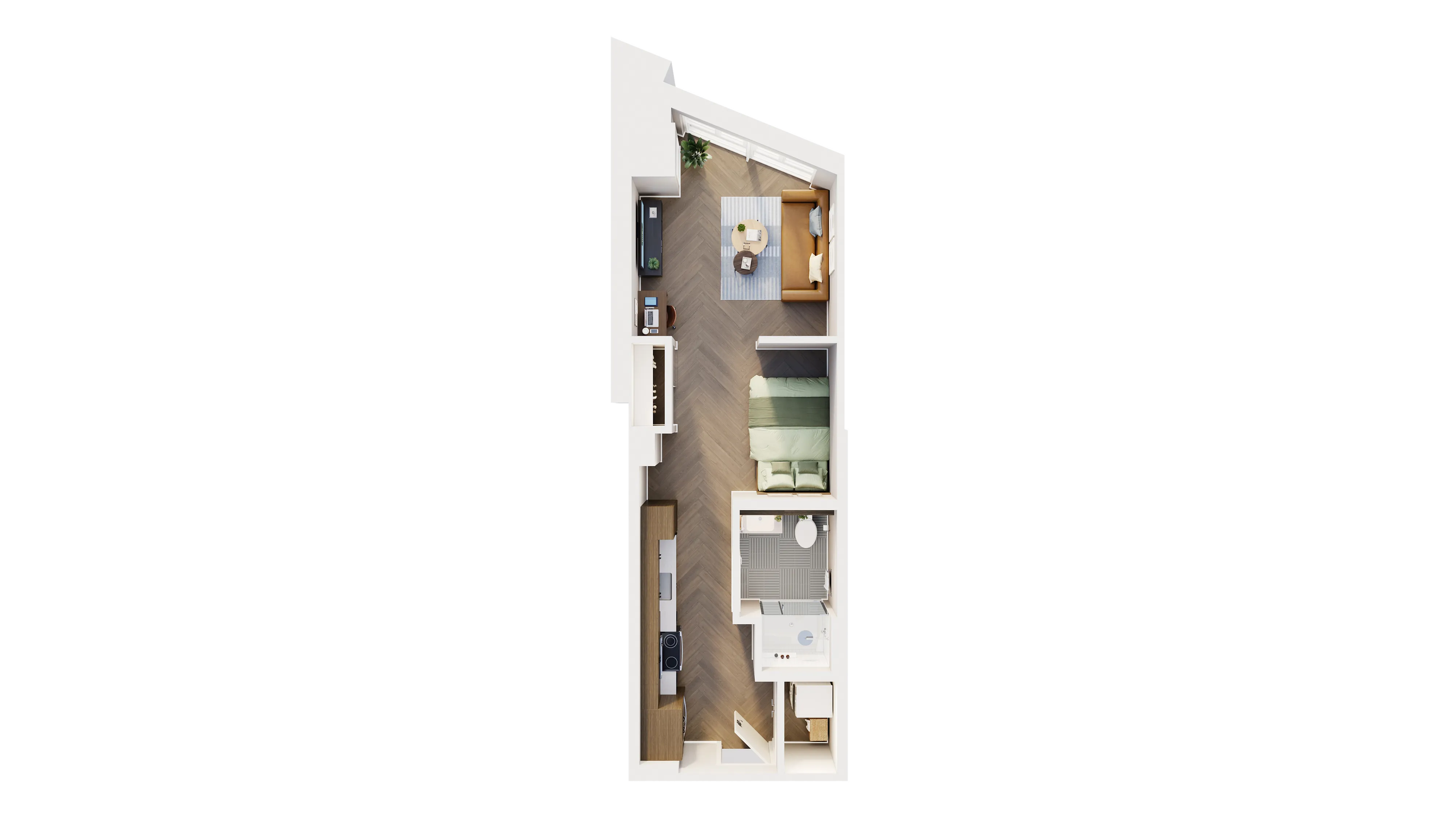 Modern 2D floor plan showcasing a cozy one-bedroom apartment with an open living area, sleek kitchen, and stylish bathroom.