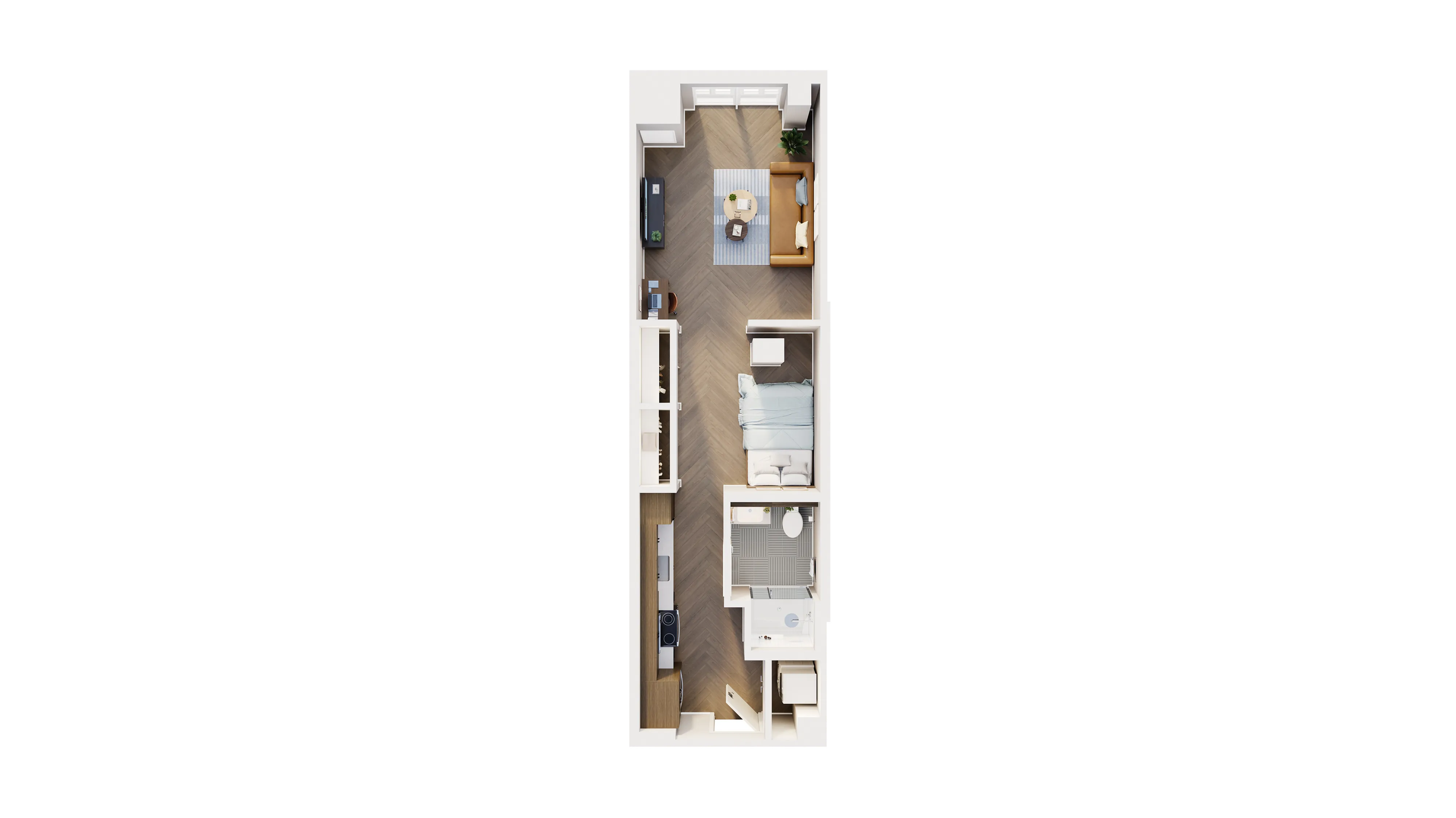 Modern apartment floor plan showcasing an open-concept living area, cozy bedroom, and sleek bathroom, designed for optimal urban living.