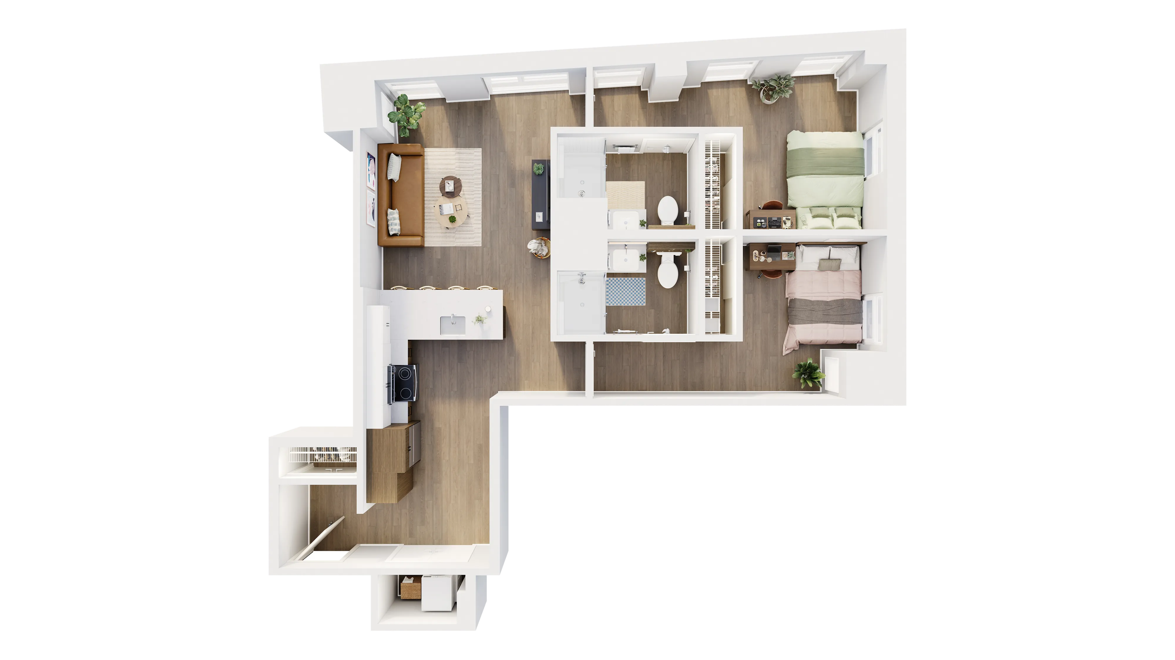 Inviting 3D floor plan showcasing a modern apartment with two cozy bedrooms, a stylish open-plan kitchen and living area, and a sleek bathroom.