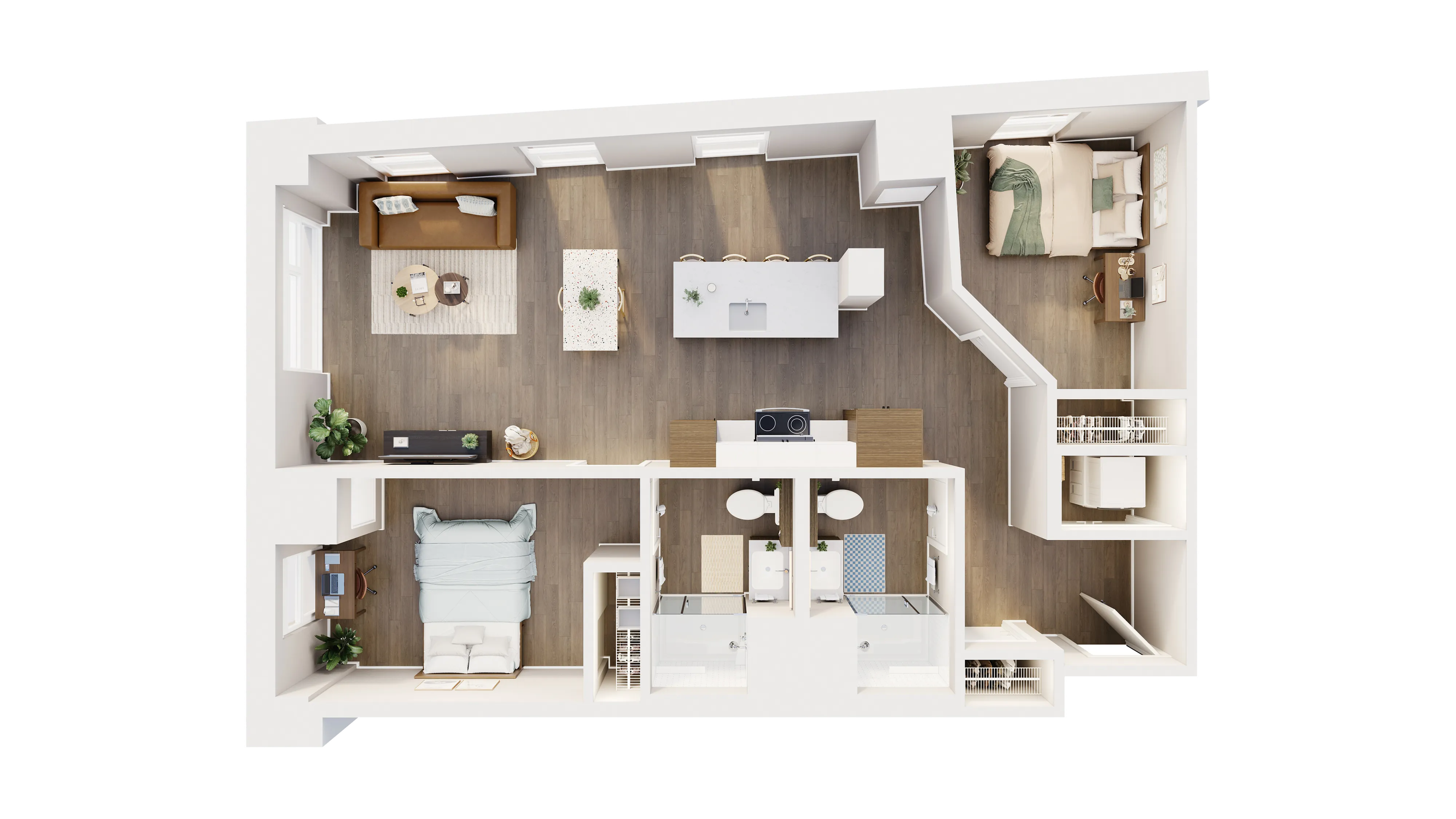 Modern open-concept floor plan showcasing two cozy bedrooms, stylish kitchen island with seating, and a spacious living area, perfect for relaxation and entertainment.