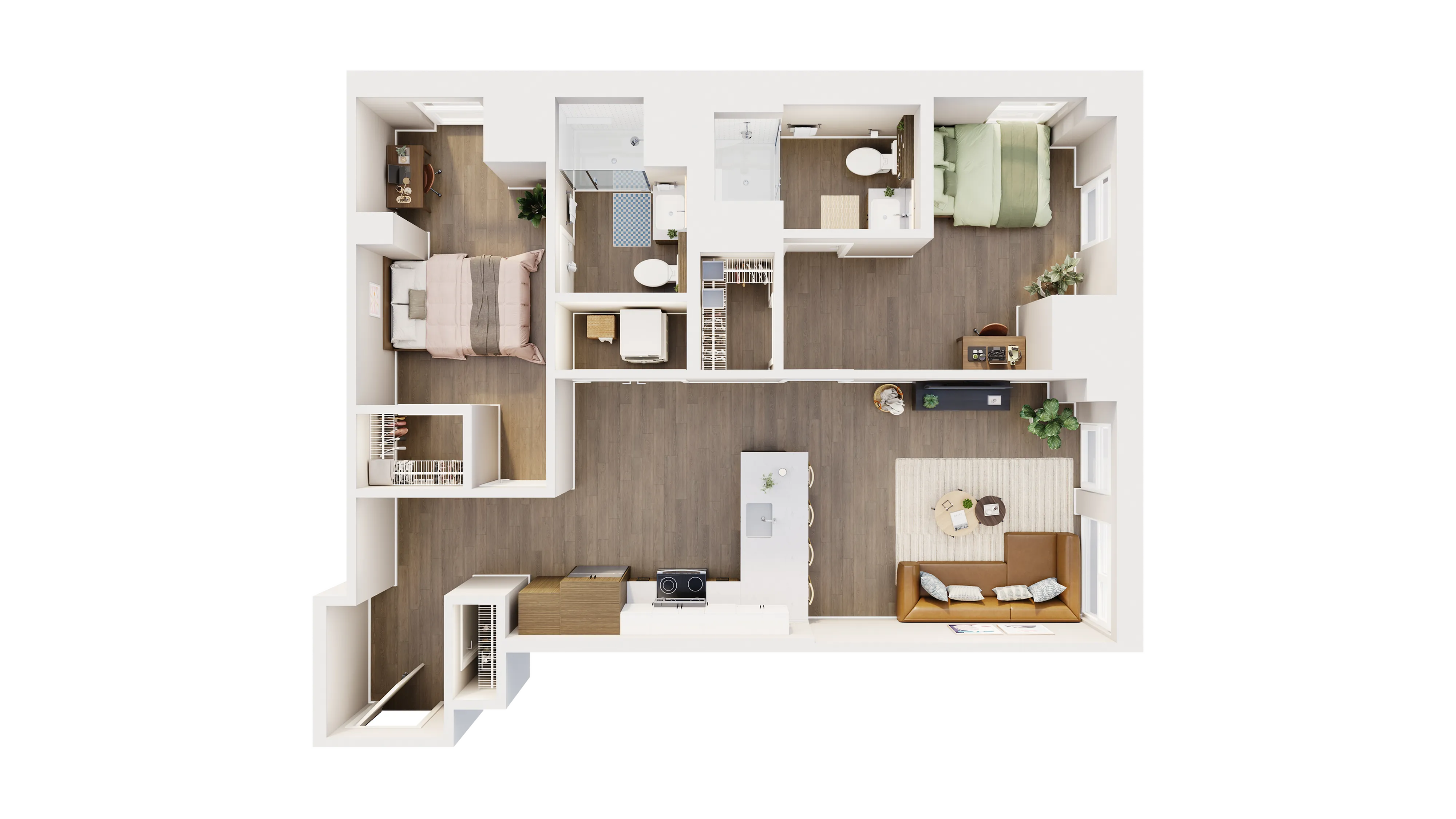 Contemporary 3D floor plan showcasing a chic 2-bedroom apartment with an airy open kitchen, stylish living area, and modern bathrooms.