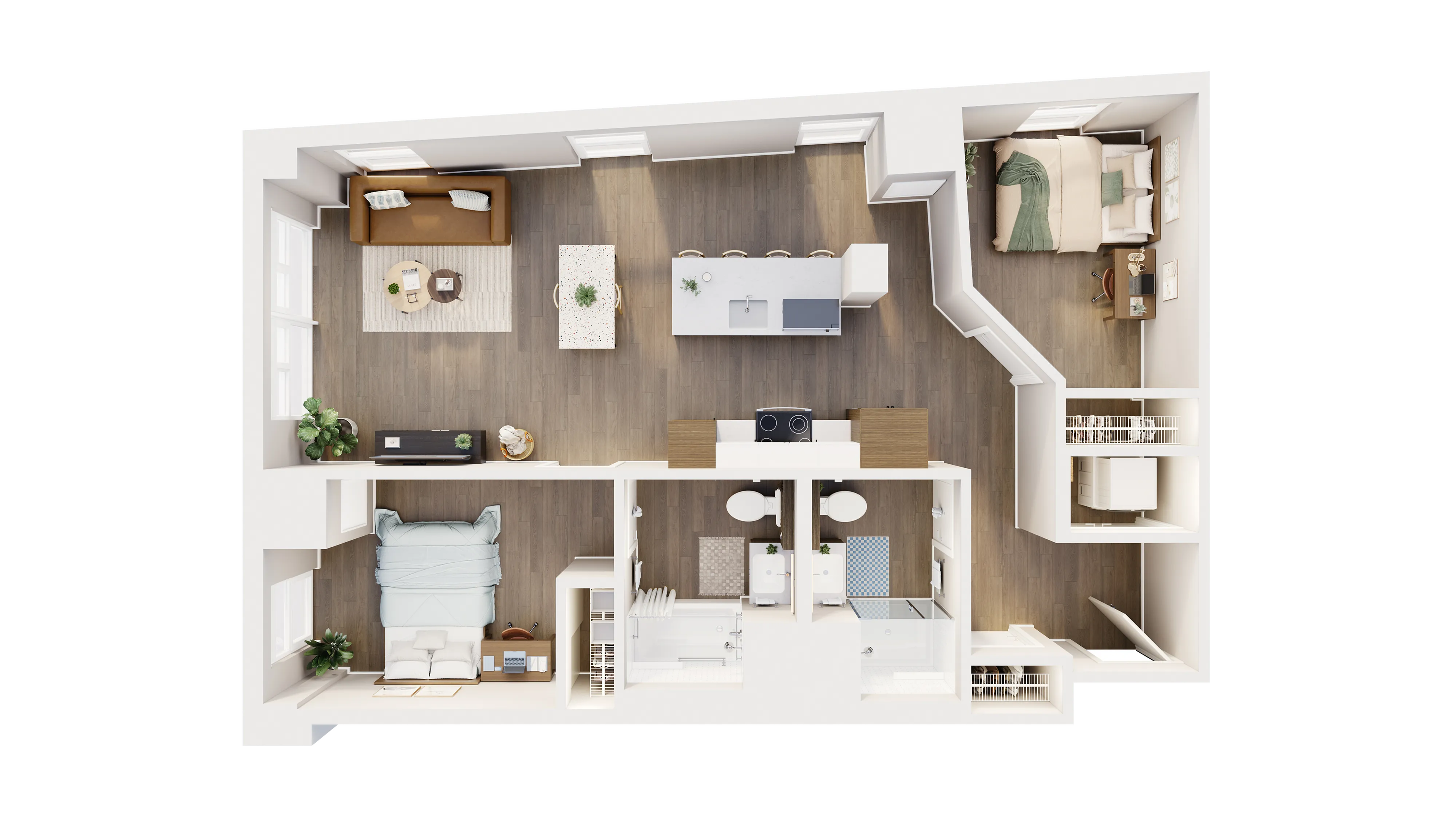 Modern apartment floor plan showcasing a spacious open-concept living area, sleek kitchen with island, two cozy bedrooms, and two stylish bathrooms. Ideal for contemporary urban living.
