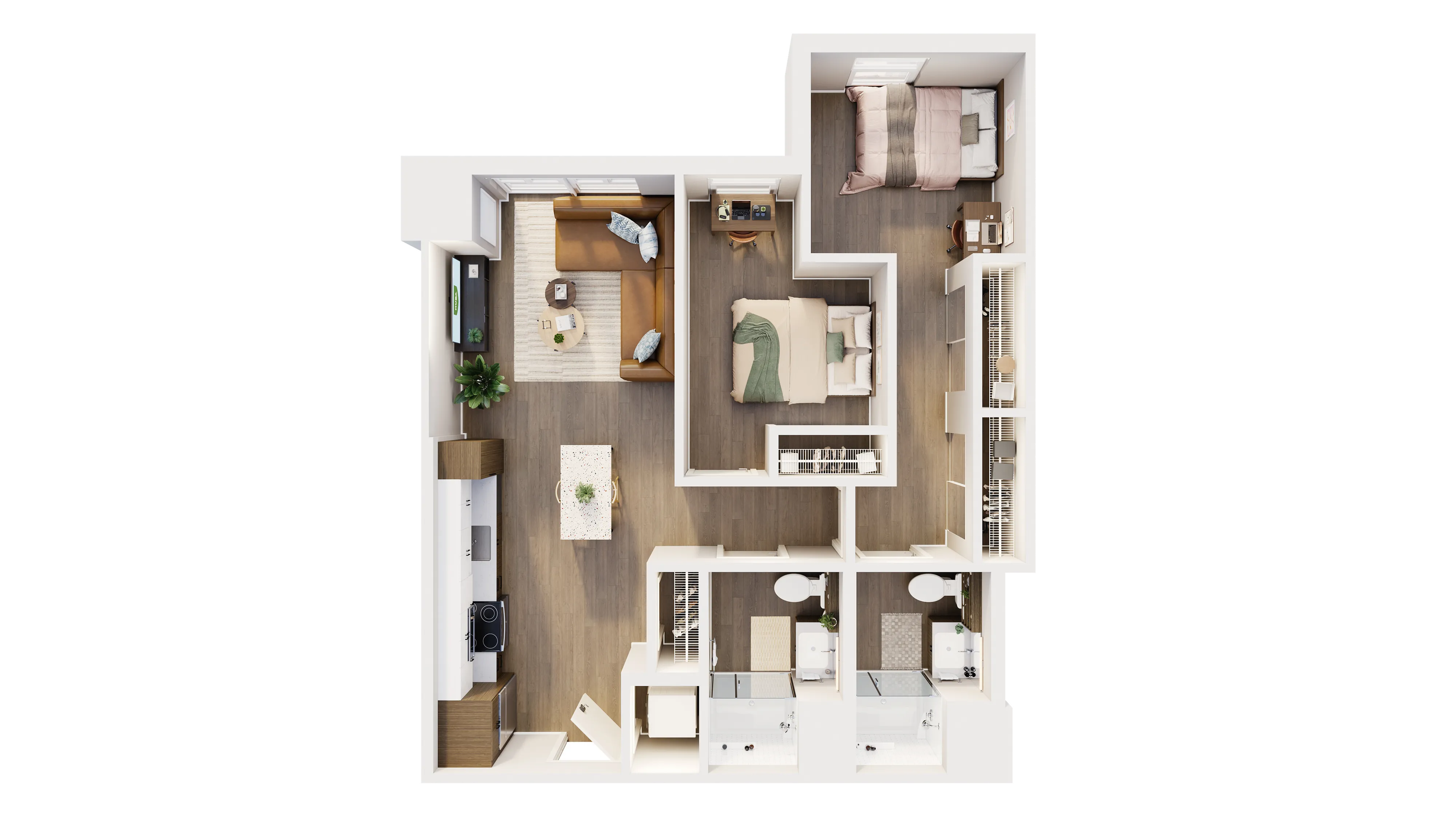 Modern 3D floor plan showcasing 2 cozy bedrooms, an elegant open-concept living and kitchen area, and 2 sleek bathrooms.