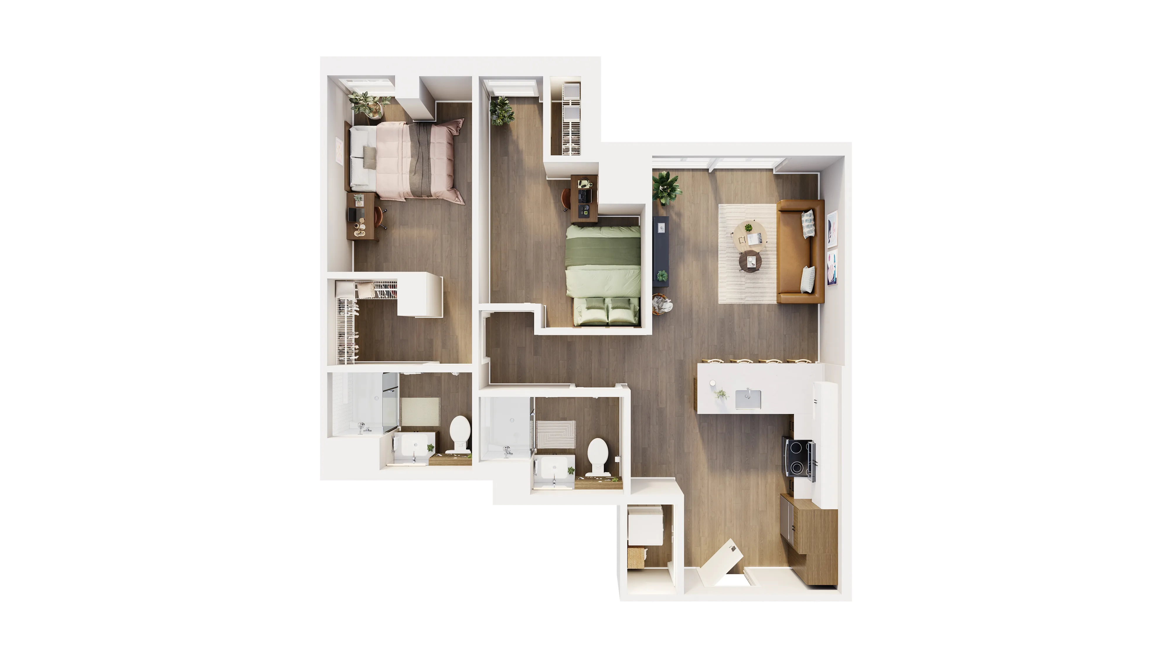 Modern 3D floor plan showcasing a cozy 2-bedroom layout with an open living area, sleek kitchen, and two contemporary bathrooms.