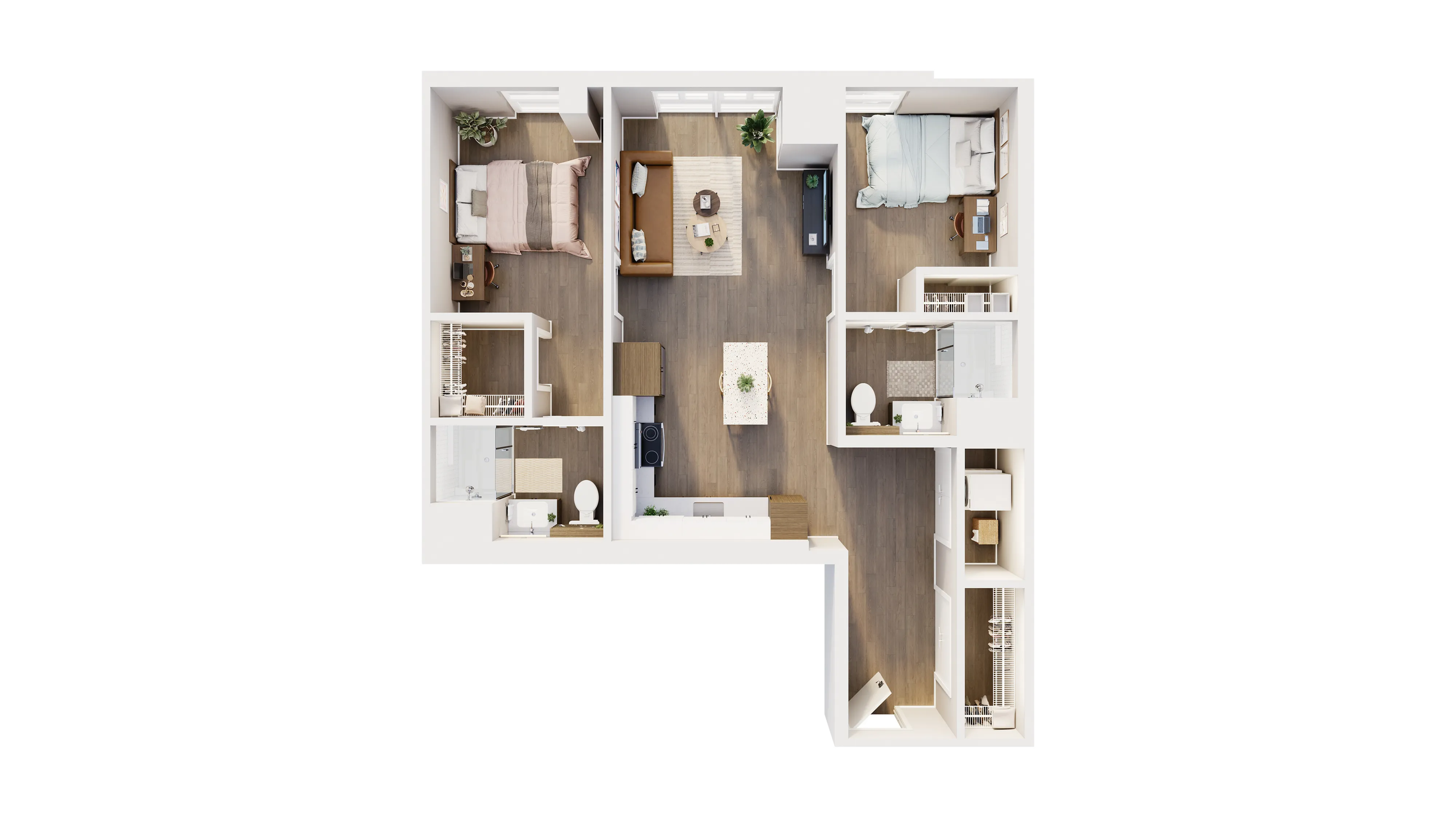 Modern 3D floor plan showcasing 2 bedrooms, 2 bathrooms, an inviting open-plan living area, and a contemporary kitchen with an island.