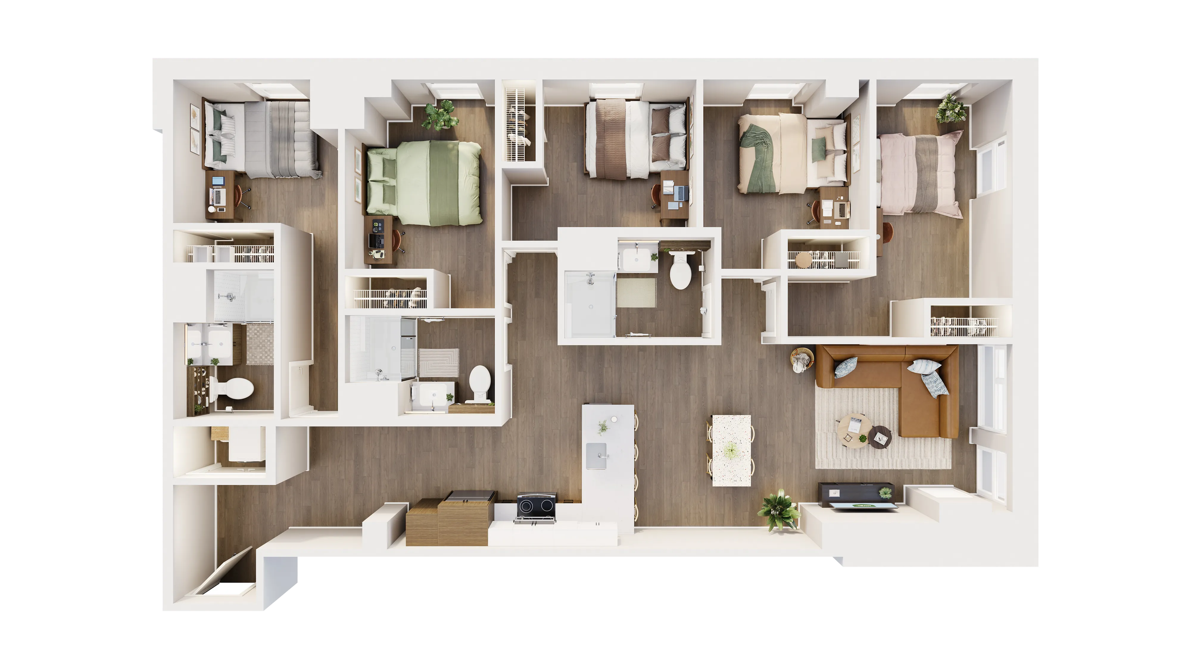 Beautifully designed floor plan featuring three cozy bedrooms, two modern bathrooms, a sleek kitchen, and a spacious living room with an inviting seating area.