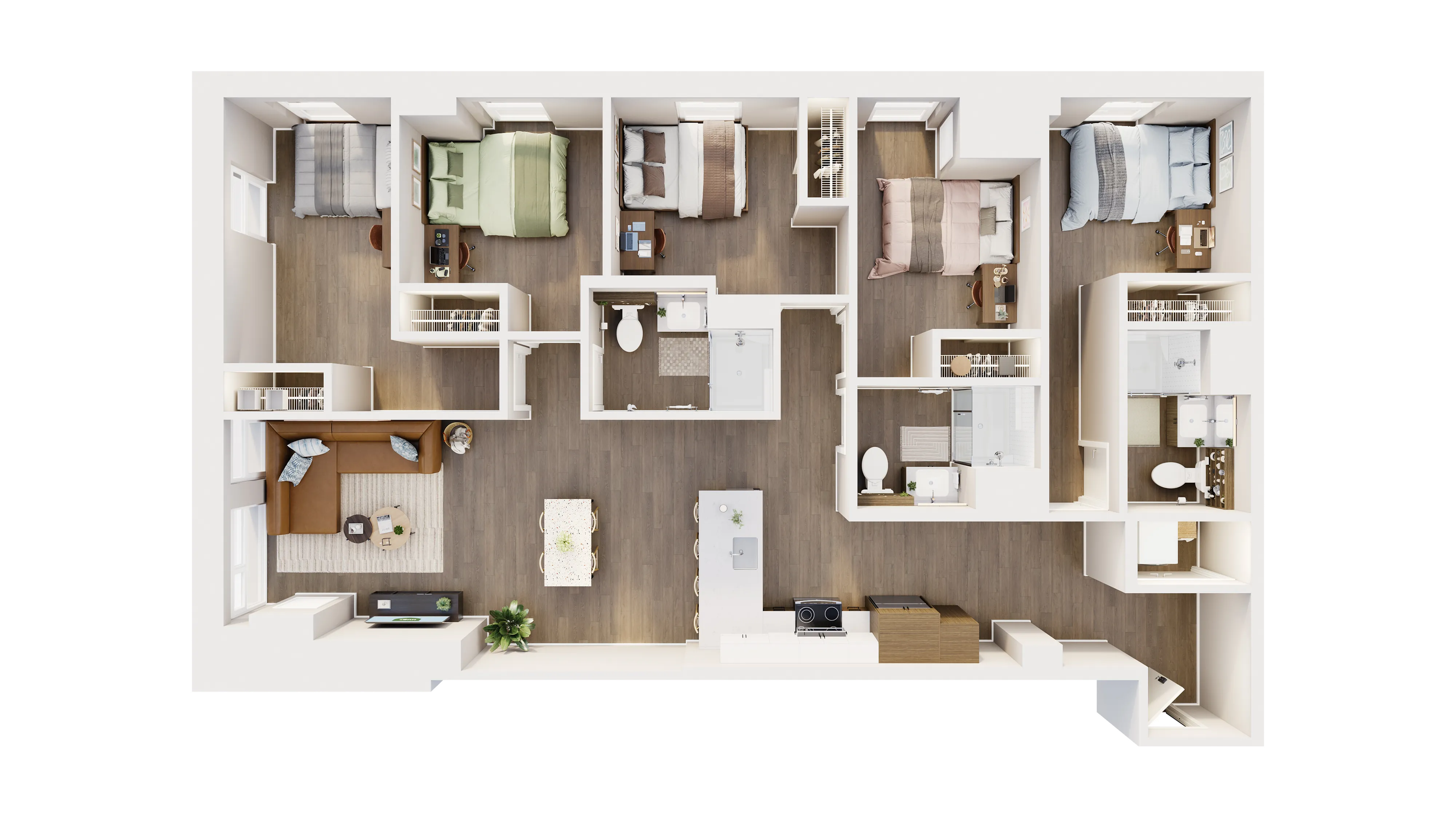Modern 3D floor plan featuring 3 spacious bedrooms, 2 elegant bathrooms, a cozy living room, and an open kitchen with a dining area, designed for optimal comfort.