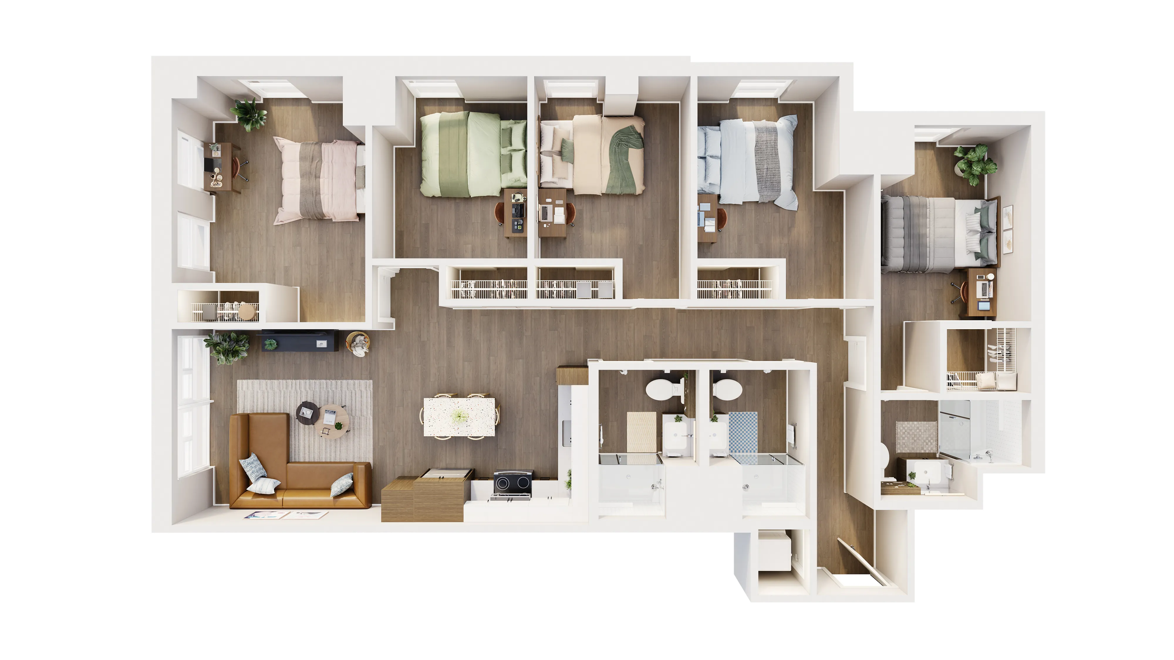 Modern 3D floor plan showcasing 4 elegant bedrooms, spacious living room, well-designed kitchen, and two pristine bathrooms.