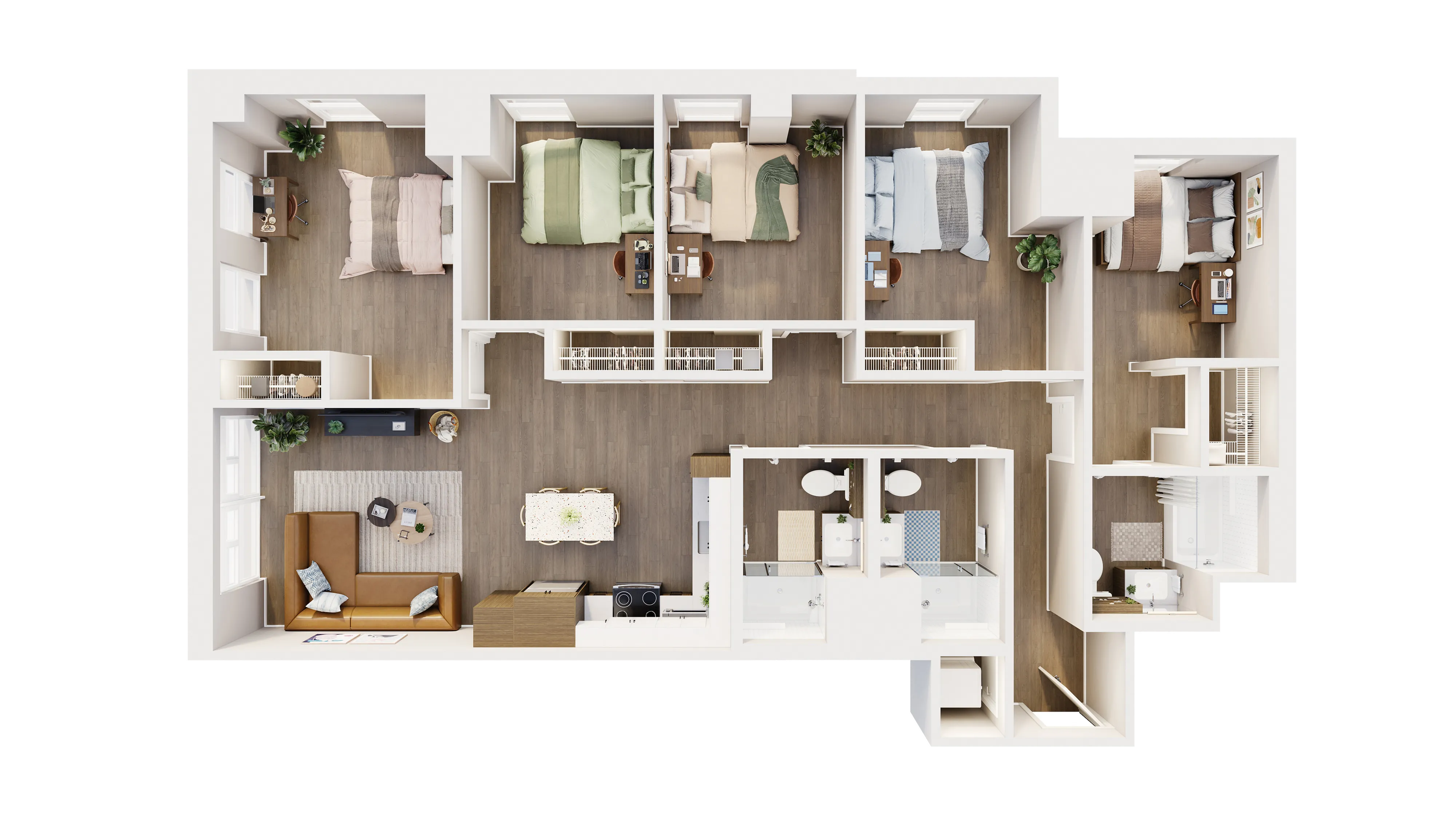Modern 3D floor plan showcasing 4 bedrooms, cozy living room, and stylish kitchen, ideal for spacious living.