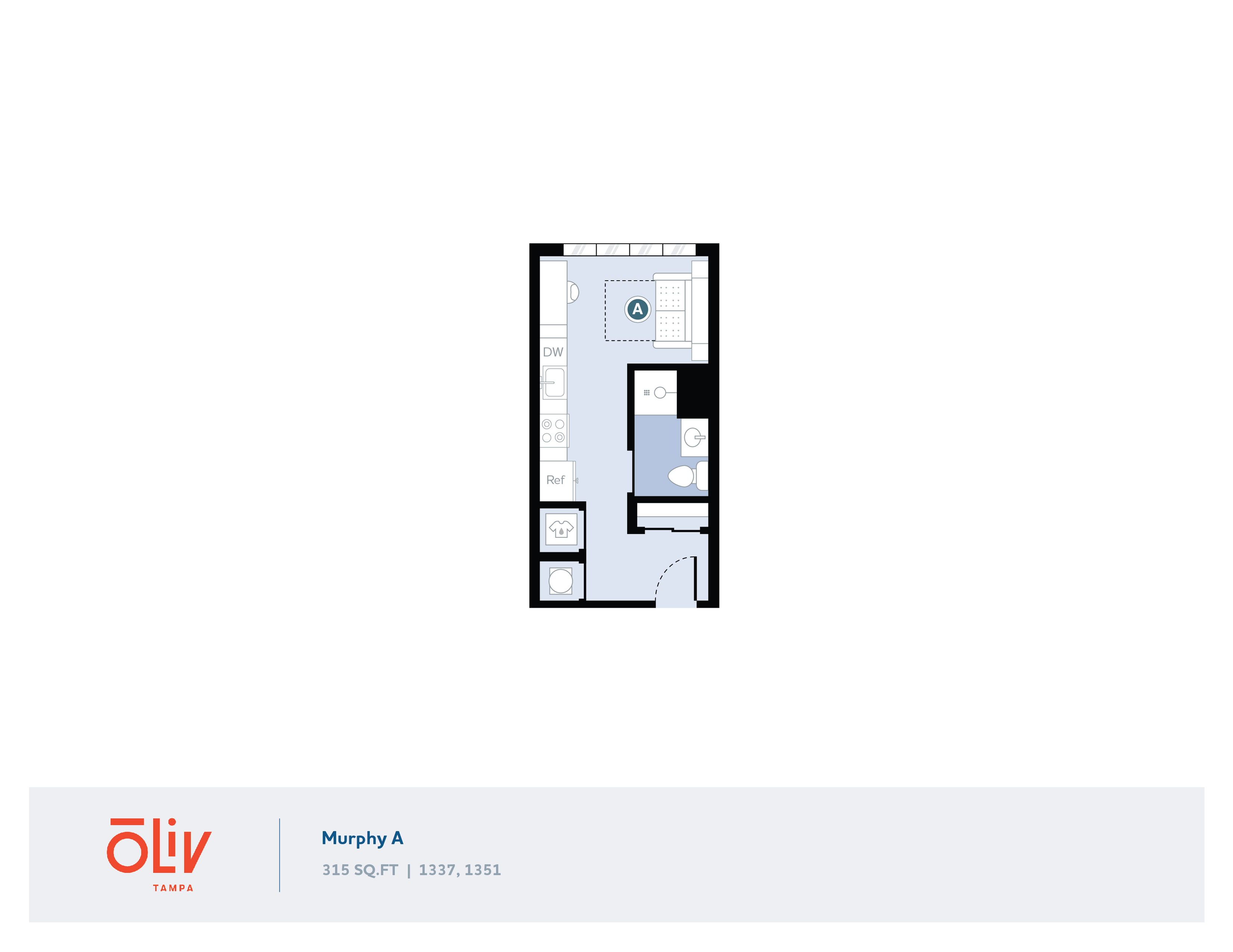 Murphy A floor plan at Oliv Tampa showcasing a compact 315 sq ft layout with a modern kitchen, inviting living space, and a cozy bedroom.