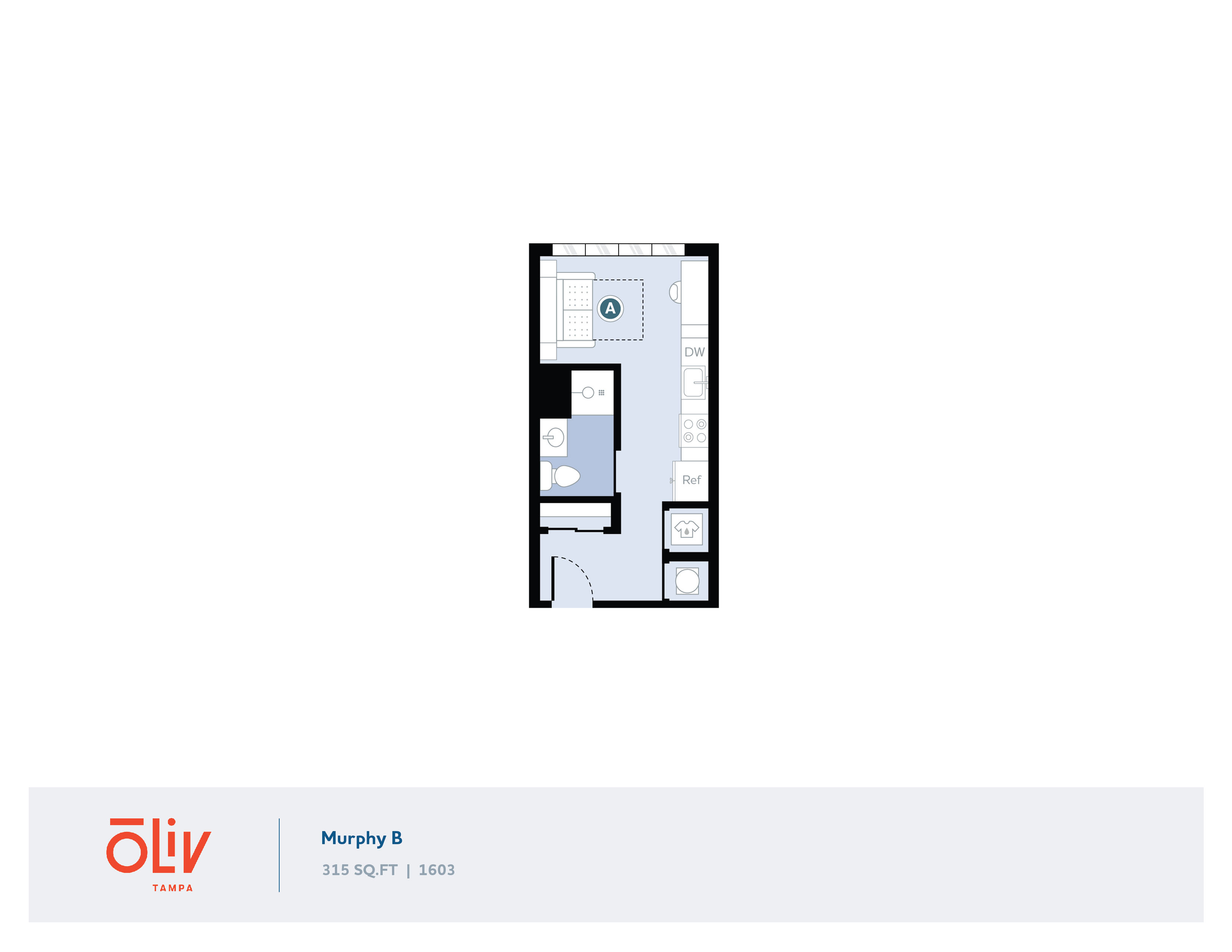 Modern Murphy B studio floor plan at Oliv Tampa, featuring a functional 315 sq ft layout with a cozy sleeping area, stylish kitchen, and compact bathroom.