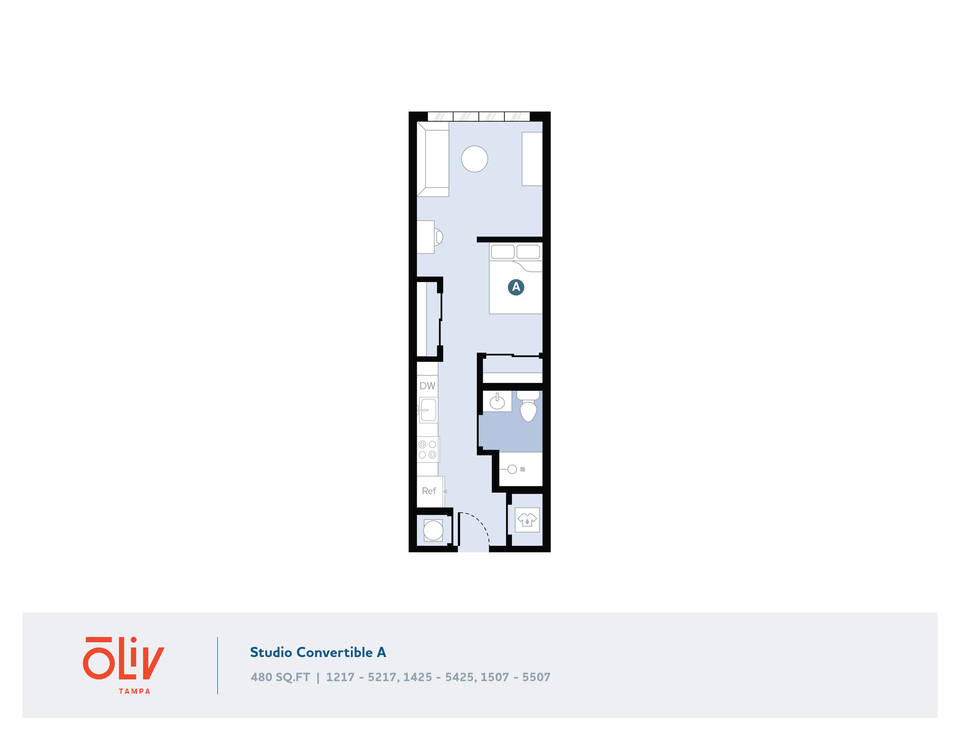 Chic Studio Convertible A floor plan with 480 sq ft, featuring a cozy living area, sleek kitchenette, and modern bathroom in Oliv Tampa.