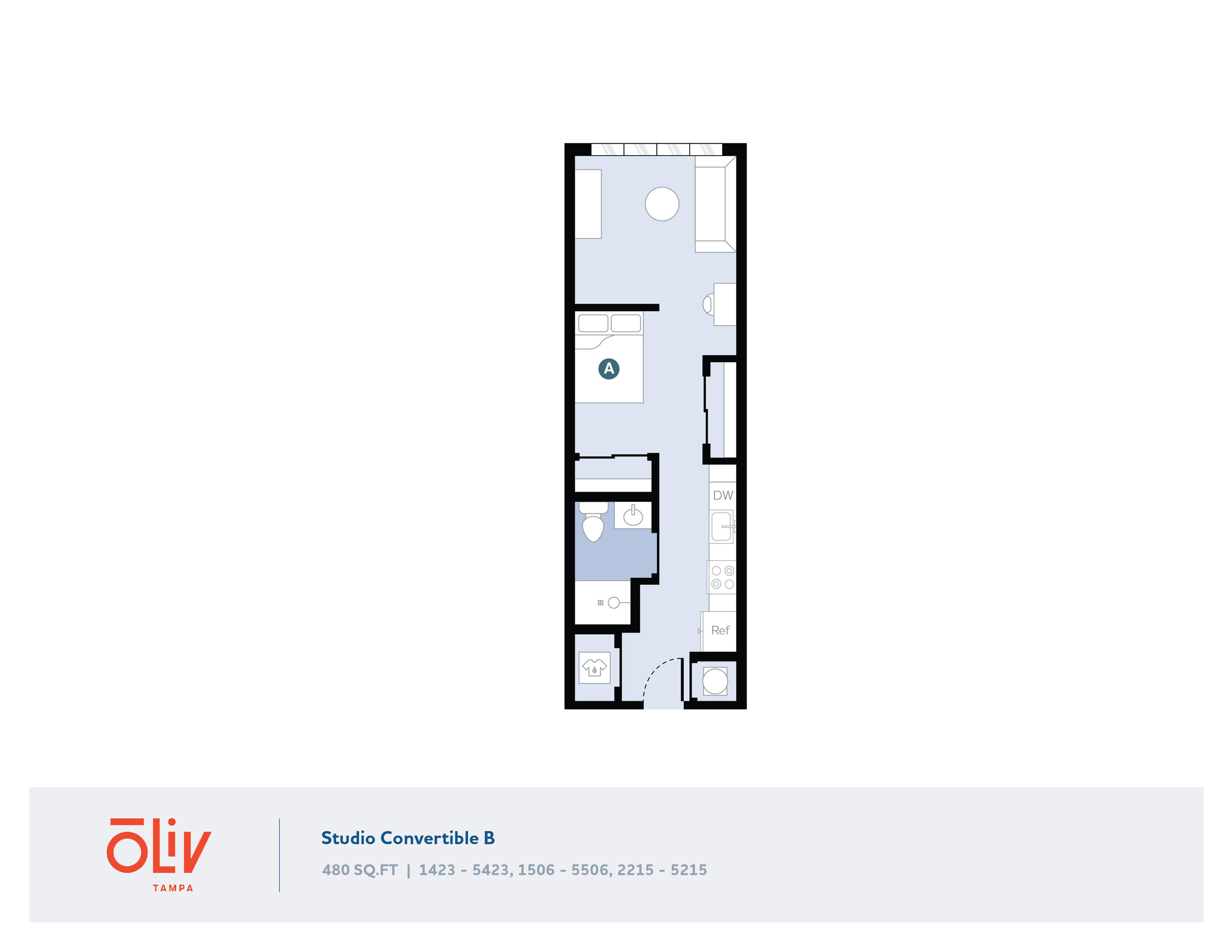 Modern studio floor plan featuring an open-concept living area, efficiently designed kitchen, and a cozy sleeping space at Oliv Tampa, 480 sq ft.