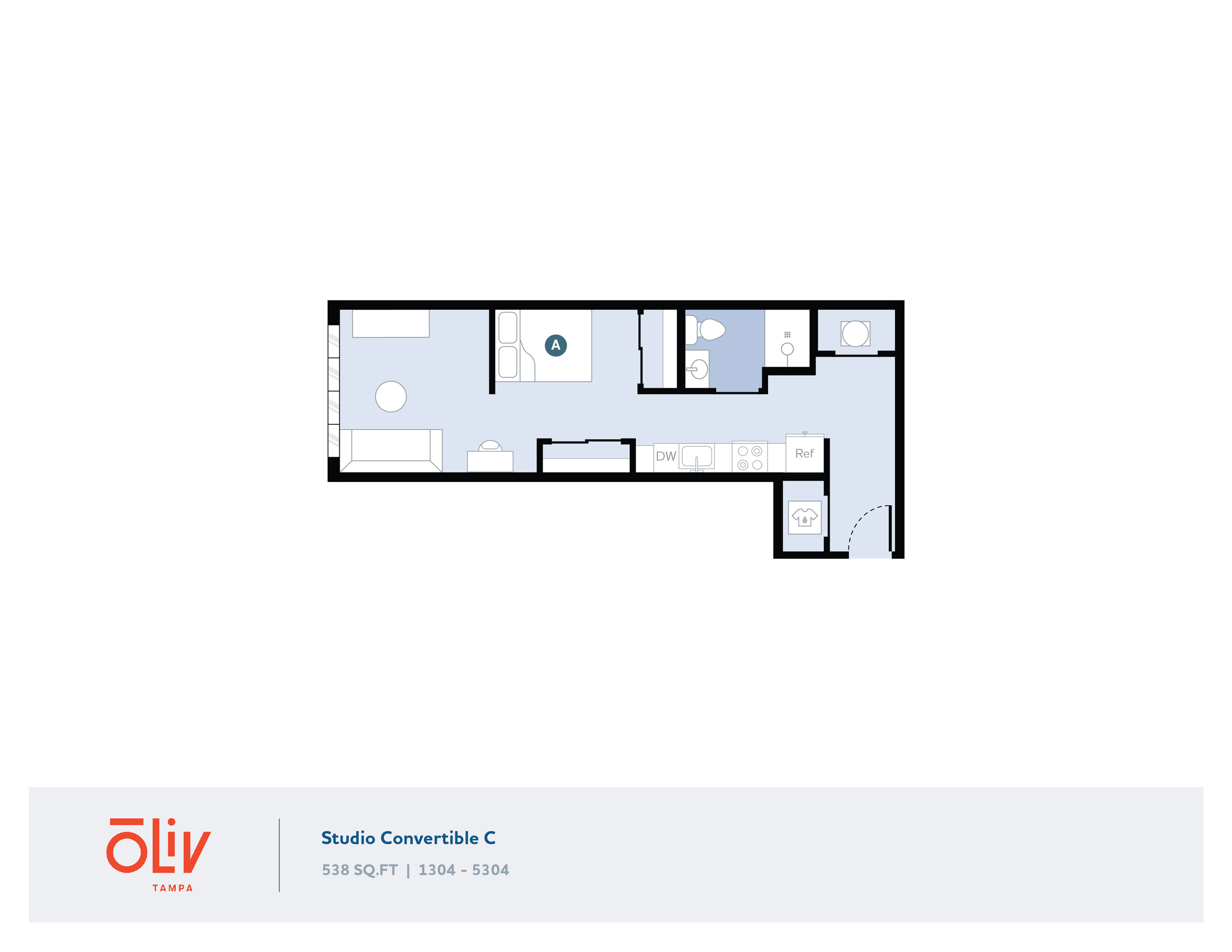 Modern Studio Convertible C floor plan in Oliv Tampa, featuring an adaptable layout with a cozy living area, sleeping zone, sleek kitchen, and spacious bathroom, spanning 538 sq. ft.
