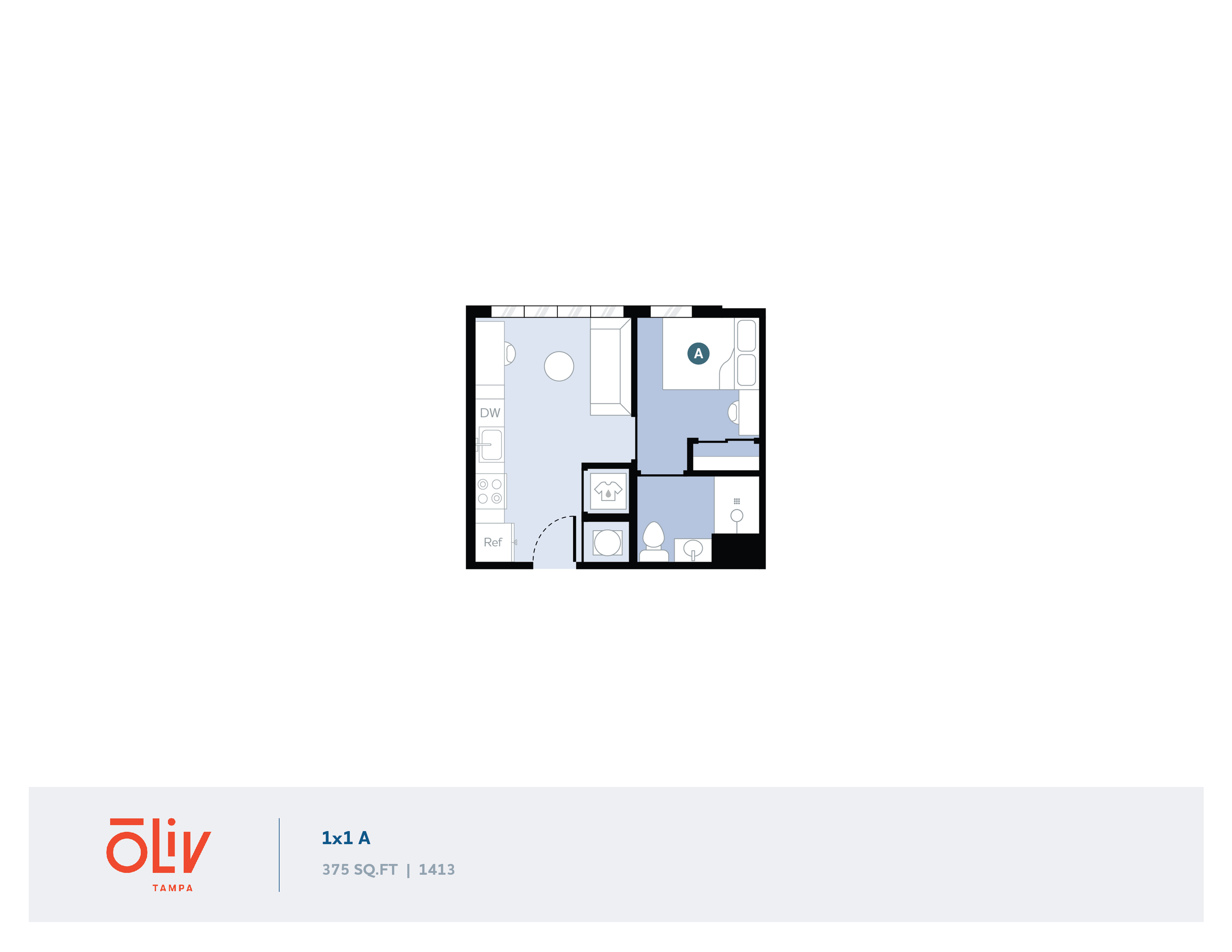 Chic 1x1 A floor plan with 375 sq ft, featuring an efficient layout with a cozy bedroom, stylish kitchen, and modern bathroom at Oliv Tampa.