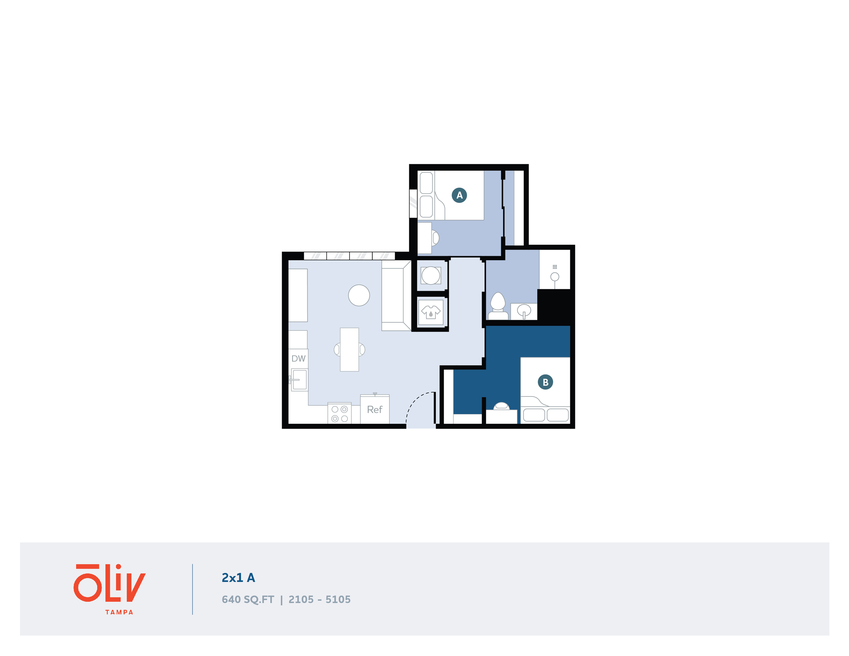 Contemporary floor plan featuring two bedrooms, spacious living area, and modern kitchen in a 640 sq ft layout at Oliv Tampa.