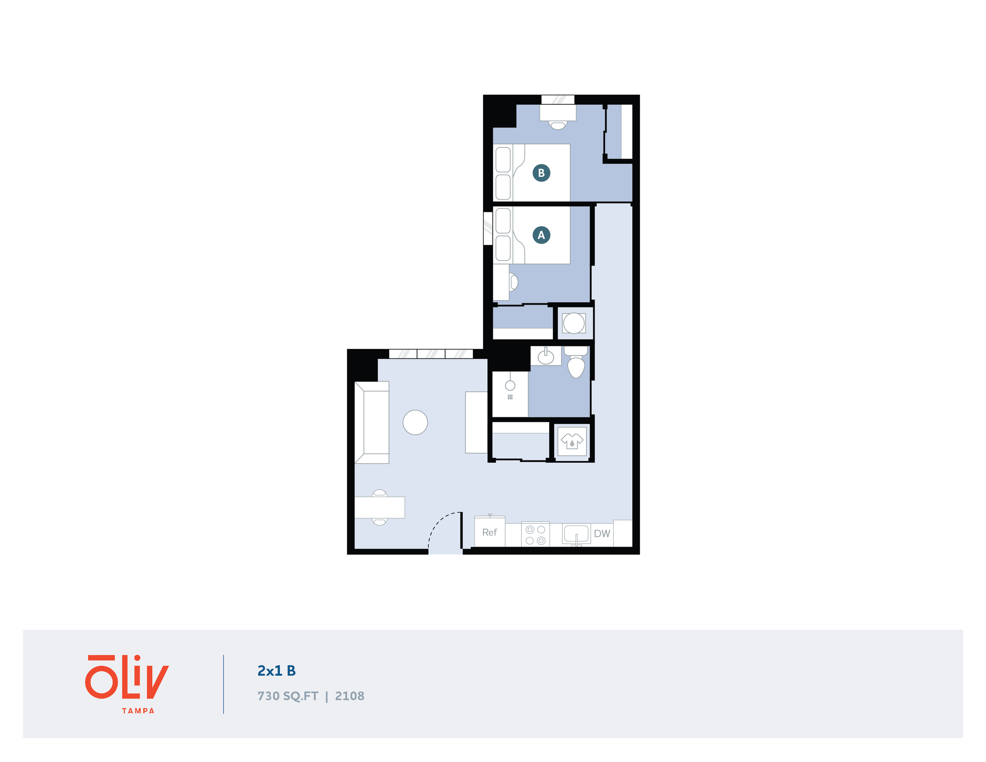 Oliv Tampa 2x1 B floor plan featuring 2 bedrooms, modern living room, and functional kitchen in a 730 sq ft space.