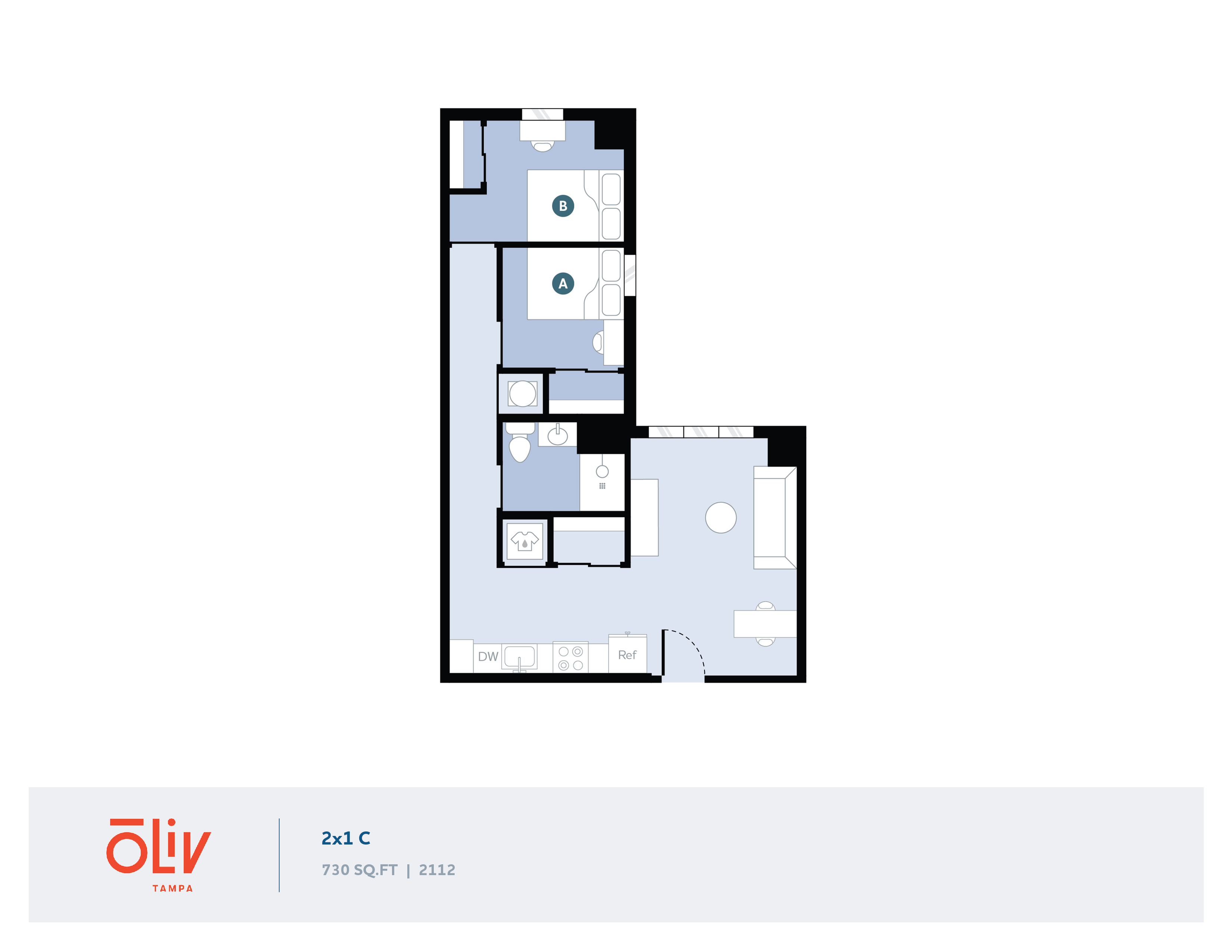 Modern 2D floor plan featuring 2 bedrooms and an open living area in a 730 sq ft apartment from Oliv Tampa.