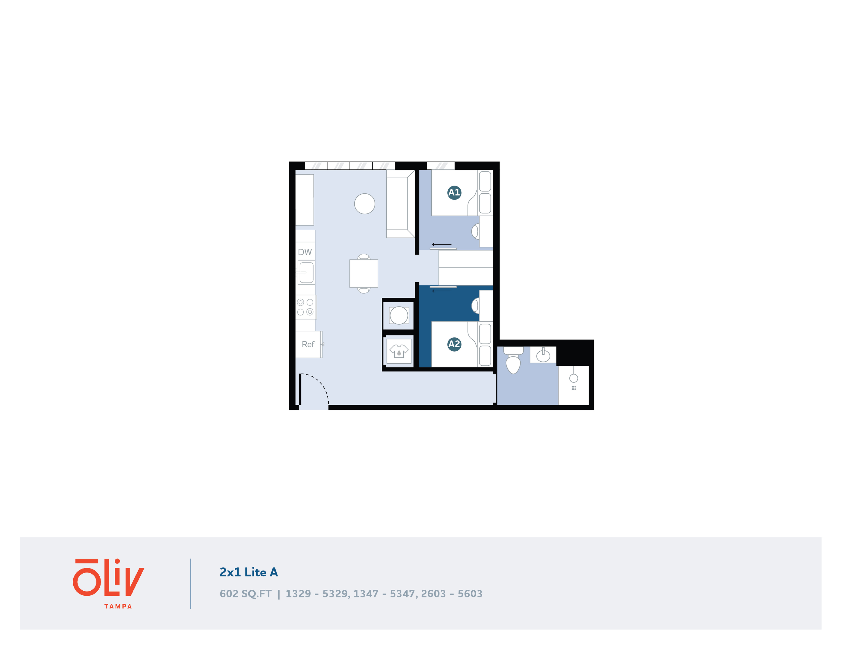 Modern floor plan of 2x1 Lite A featuring two cozy bedrooms, an integrated living area, and a well-equipped kitchen, spanning 602 sq ft at Oliv Tampa.