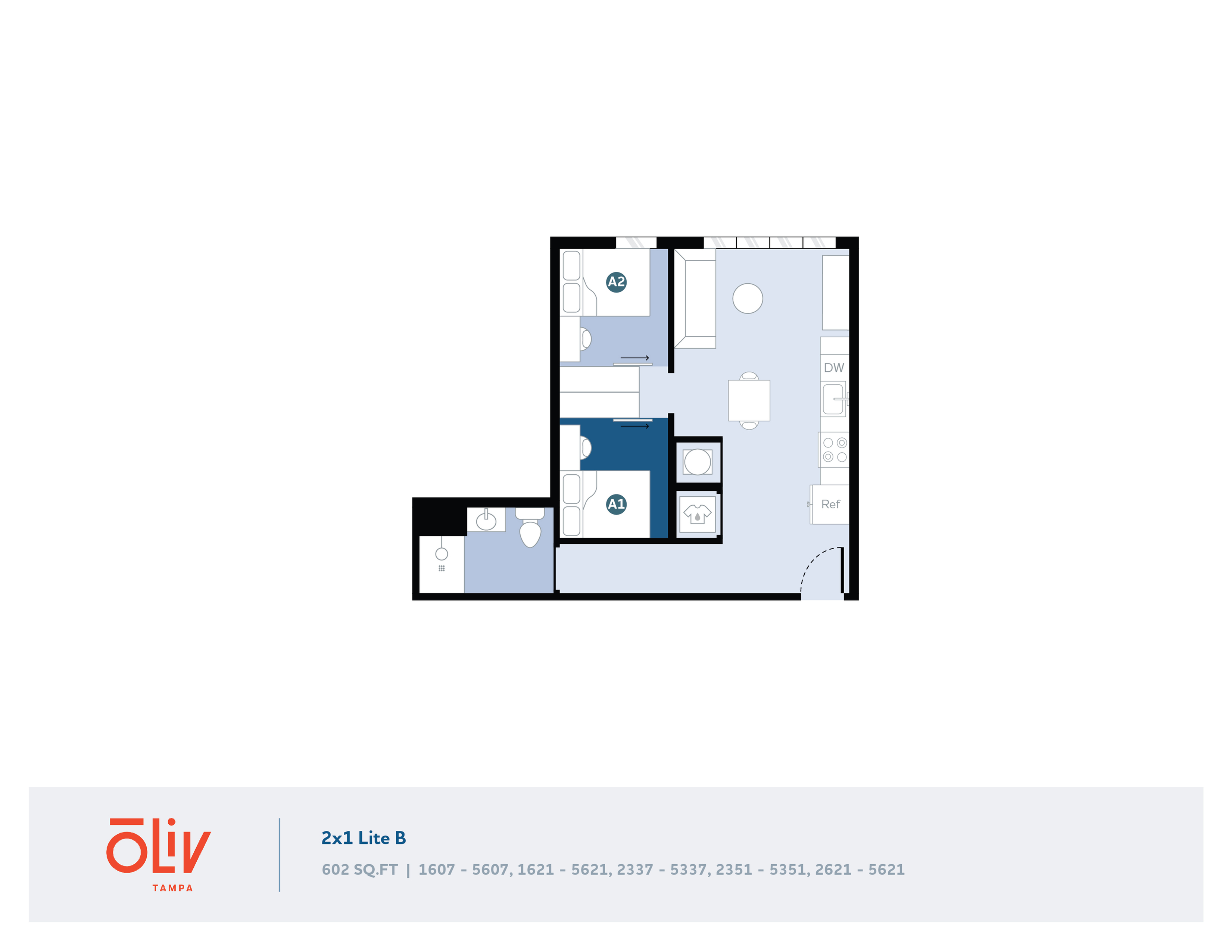 Modern floor plan for Oliv Tampa's 2x1 Lite B unit, featuring two cozy bedrooms, an open plan kitchen, and a welcoming living area, all within 602 sq ft of stylish urban living.