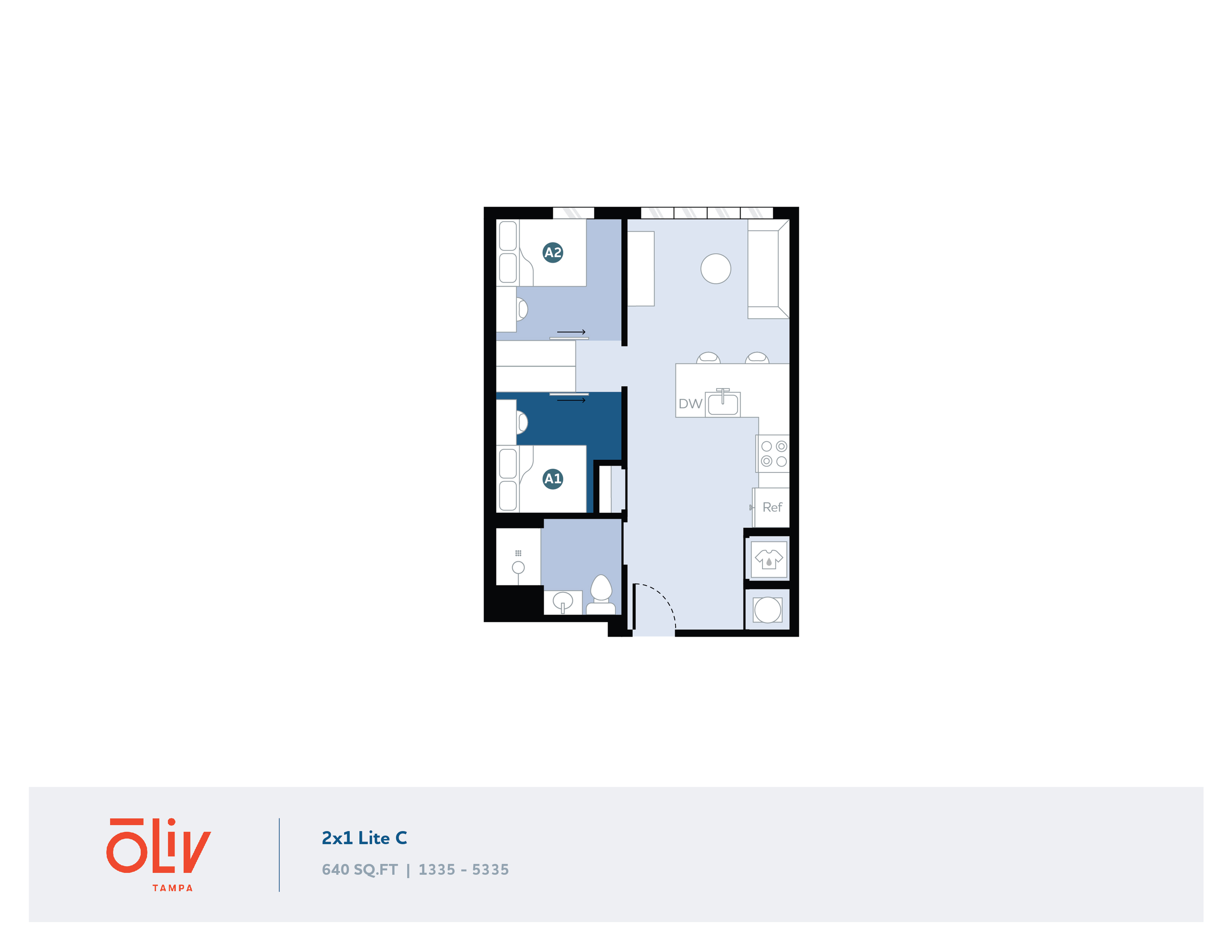 Modern 2x1 Lite C floor plan at Oliv Tampa featuring 2 cozy bedrooms, an inviting living area, and compact kitchen in 640 sq ft space.