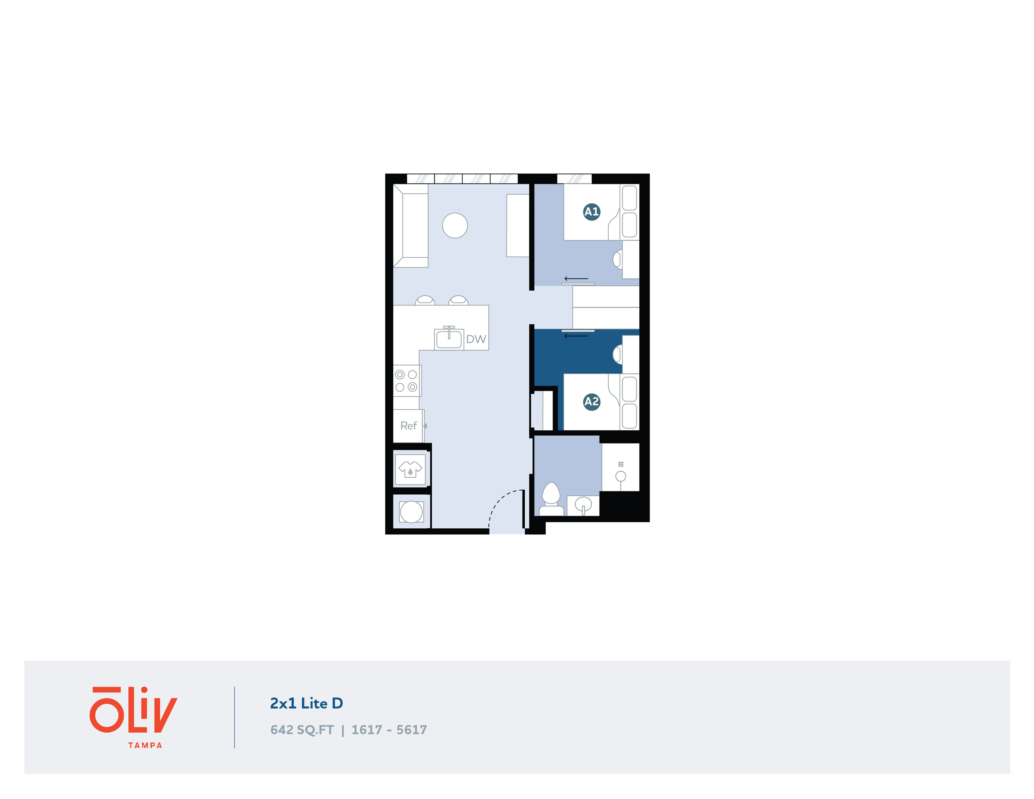 Modern 2D floor plan for Oliv Tampa showcasing 2 cozy bedrooms, a sleek bathroom, and an open-concept living area with kitchen, spanning 642 sq ft.