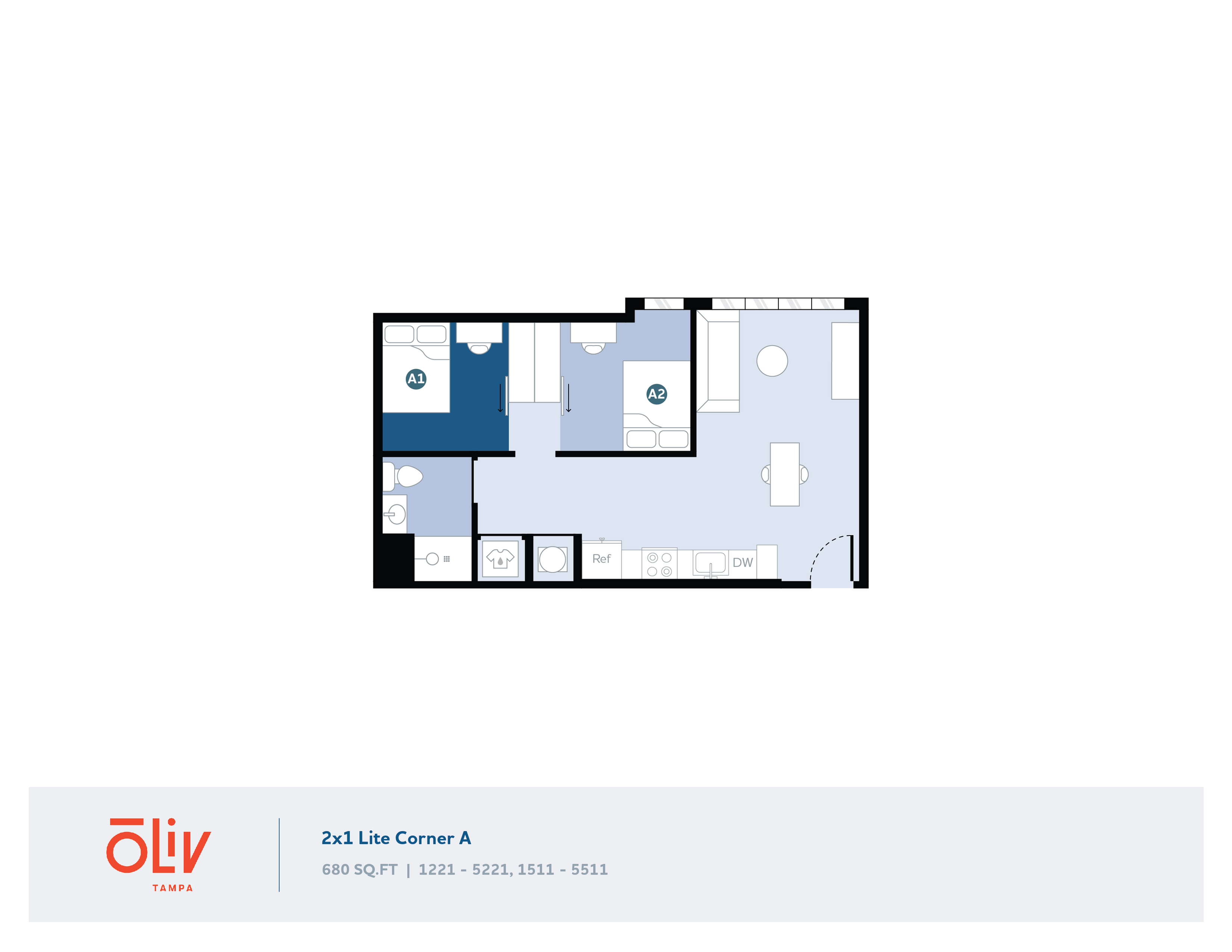Modern floor plan of 2x1 Lite Corner A apartment with 2 bedrooms, stylish living area, and efficient kitchen layout, 680 sq. ft. in Oliv Tampa.