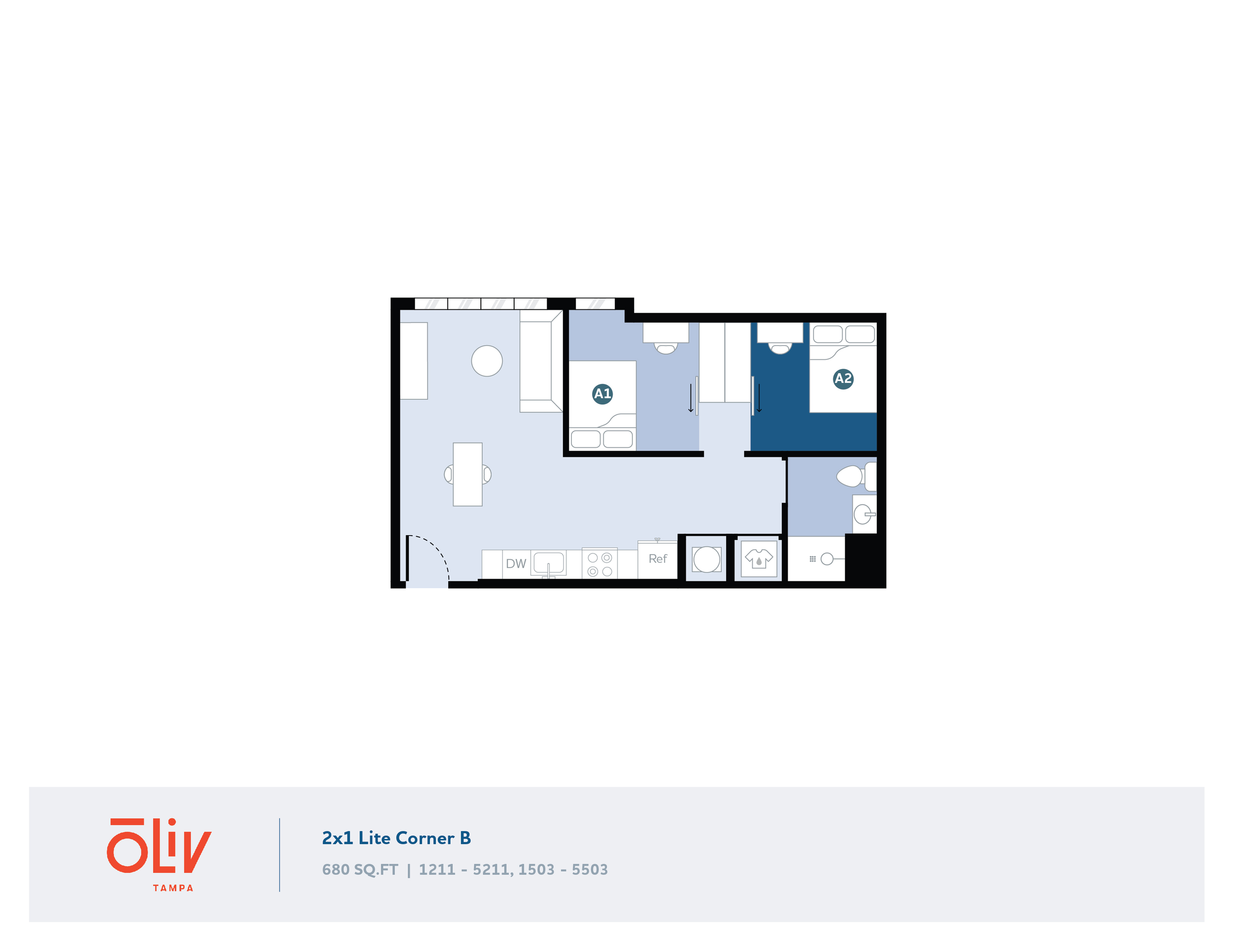 Modern 2-bedroom floor plan featuring an open living area and compact kitchen, 680 sq ft, in a stylish corner layout.