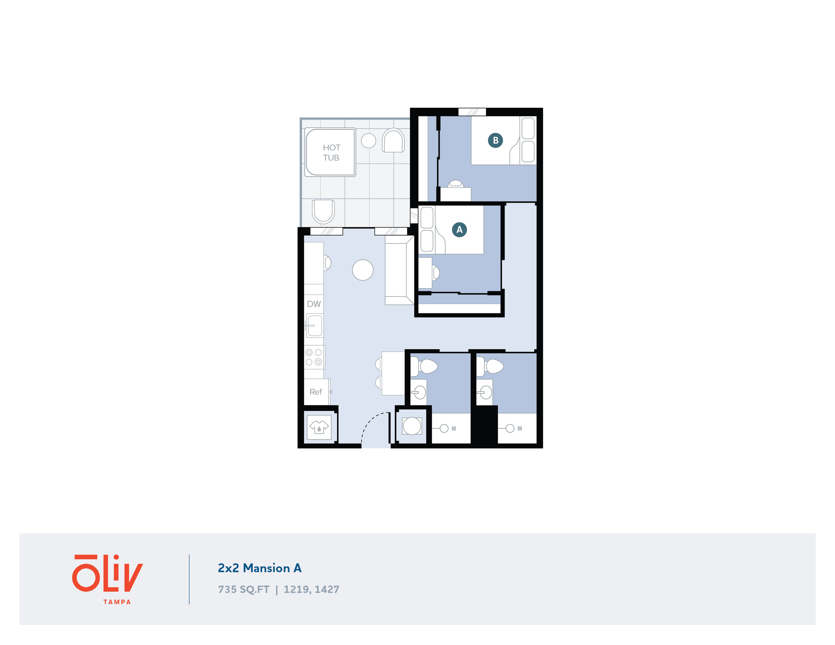Inviting 2x2 Mansion A floor plan with two bedrooms, two baths, a cozy living area, and a private hot tub, spanning 735 sq ft.