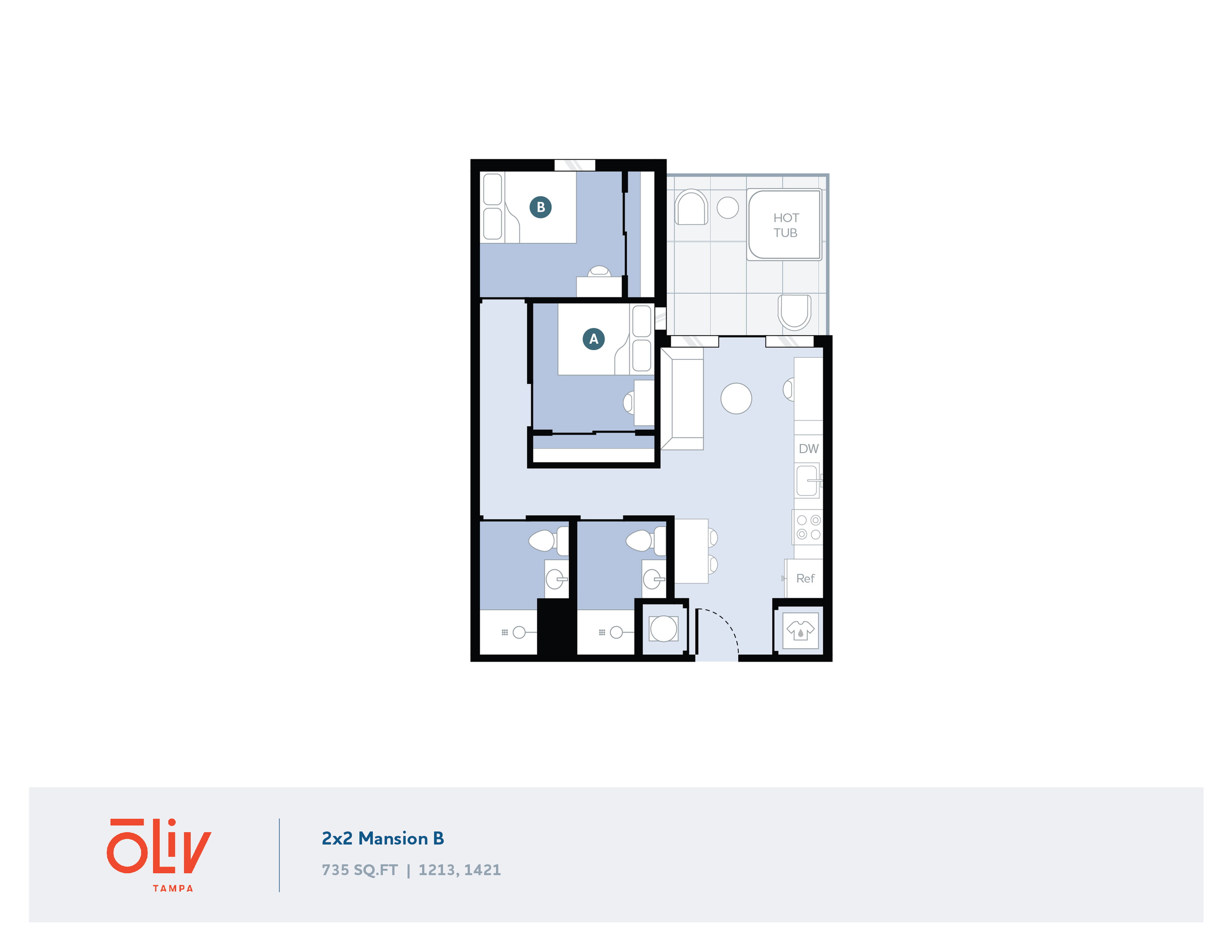 Modern 2D floor plan labeled 2x2 Mansion B in Oliv Tampa, featuring two bedrooms, two bathrooms, an open living area, and a private hot tub, covering 735 sq. ft.