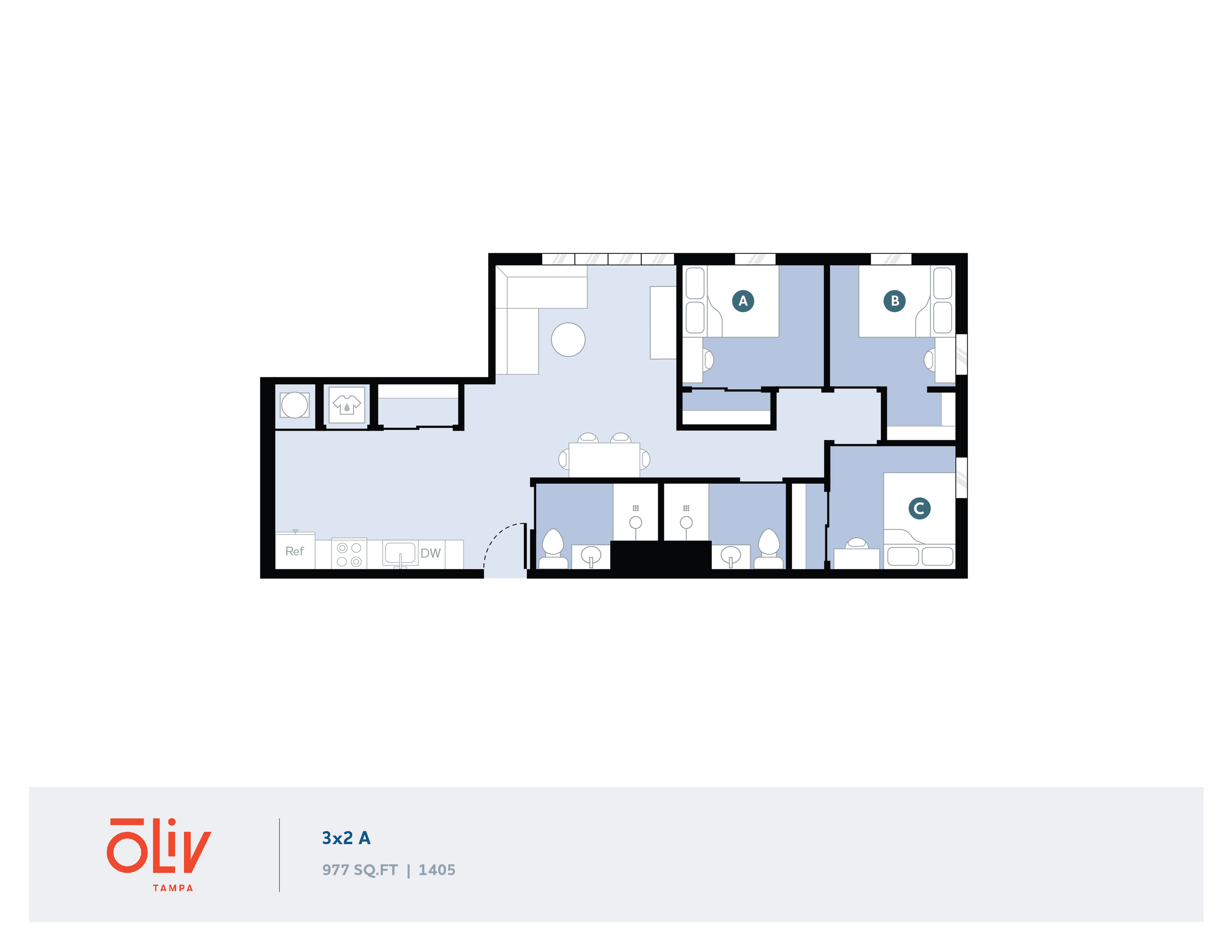 Oliv Tampa floor plan of a 3-bedroom, 2-bathroom apartment, featuring an optimized 977 sq. ft. layout with a modern kitchen and open living area.