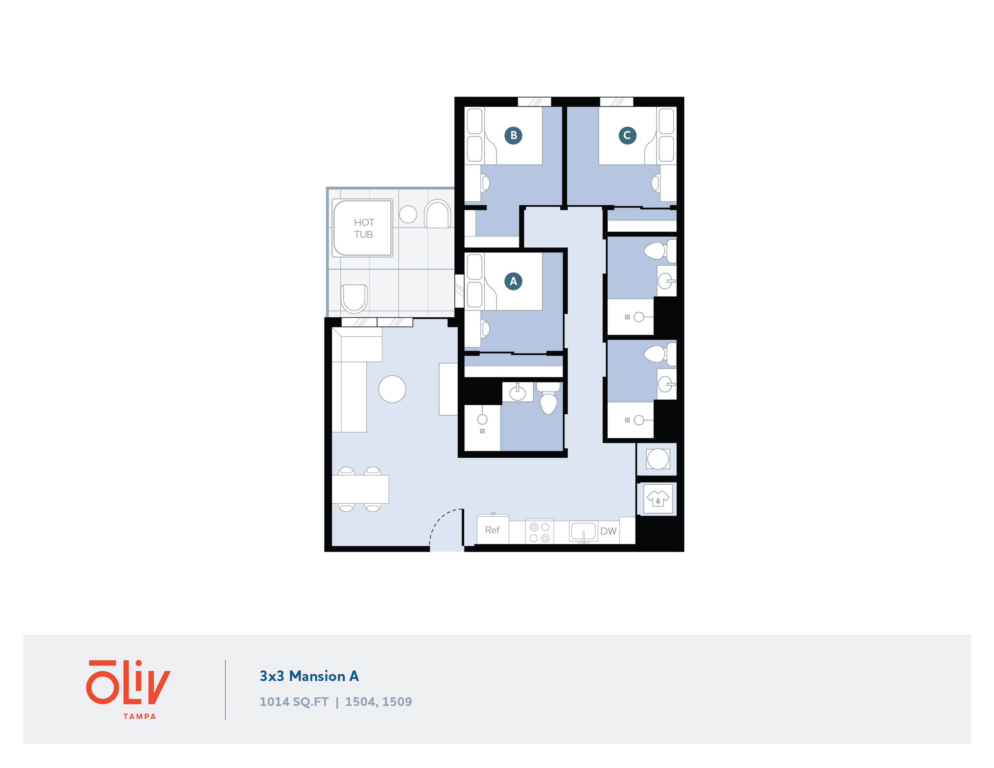Contemporary 3x3 Mansion A floor plan with 1014 sq. ft., featuring three bedrooms, each with a private bathroom, a spacious living area, and a cozy kitchen, complete with a hot tub for ultimate relaxation.