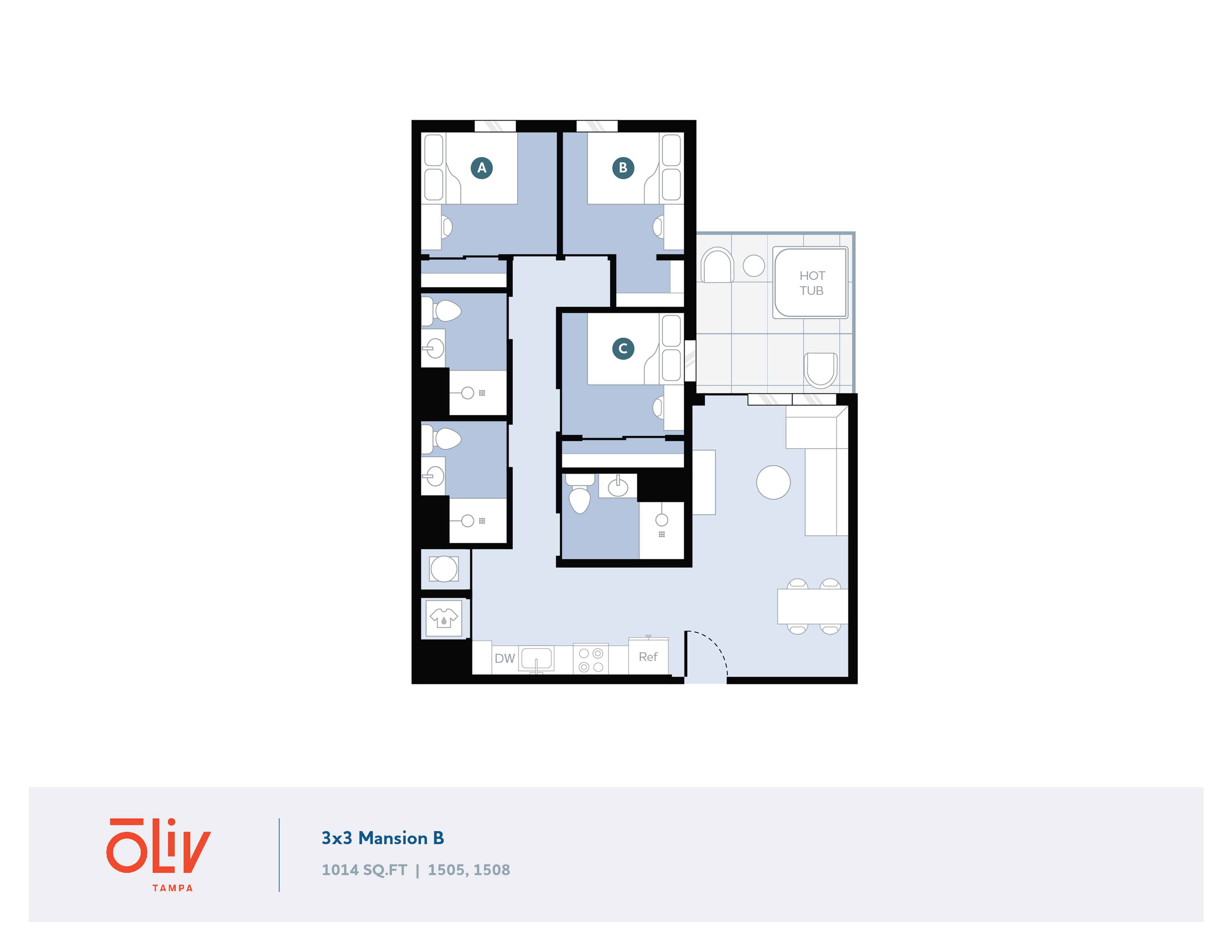 Spacious 3x3 Mansion B floor plan in Tampa featuring three bedrooms, modern living areas, and a luxurious hot tub, covering 1014 sq ft.